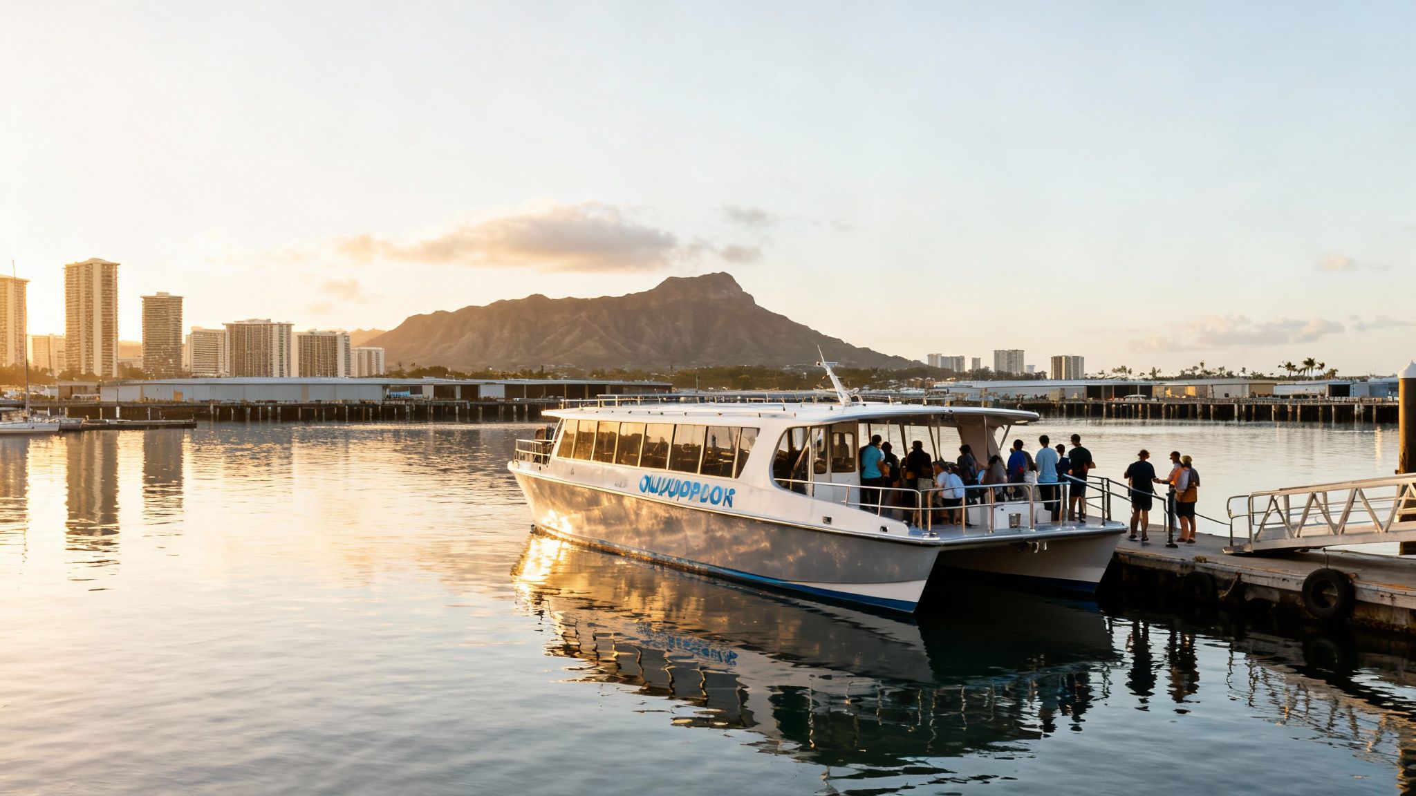 A catamaran with tourists docked at a pier, reflecting the sunset, with Honolulu skyline and Diamond Head.