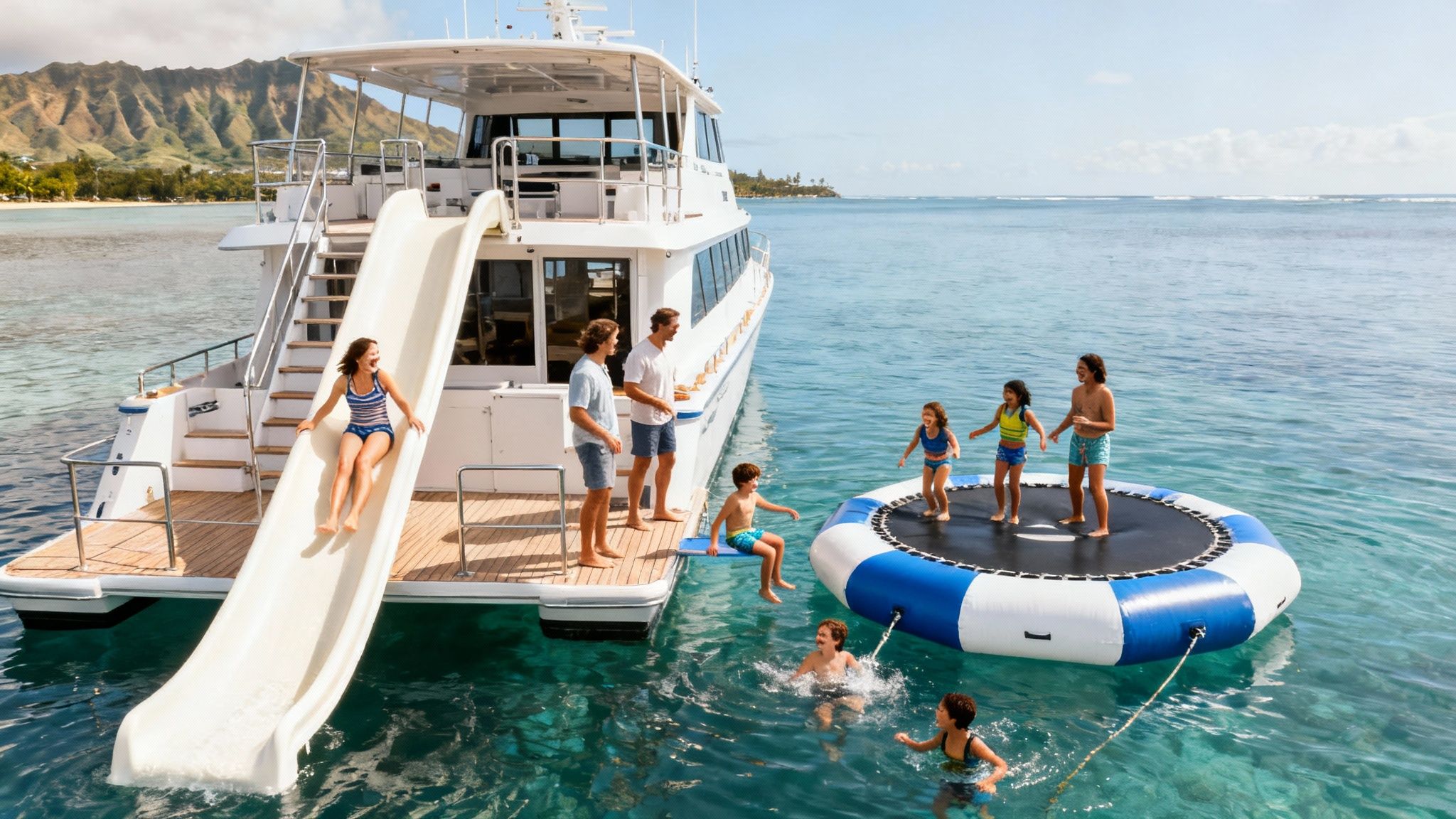 A family enjoys water activities from a yacht, including a slide and inflatable trampoline, in clear blue tropical waters.
