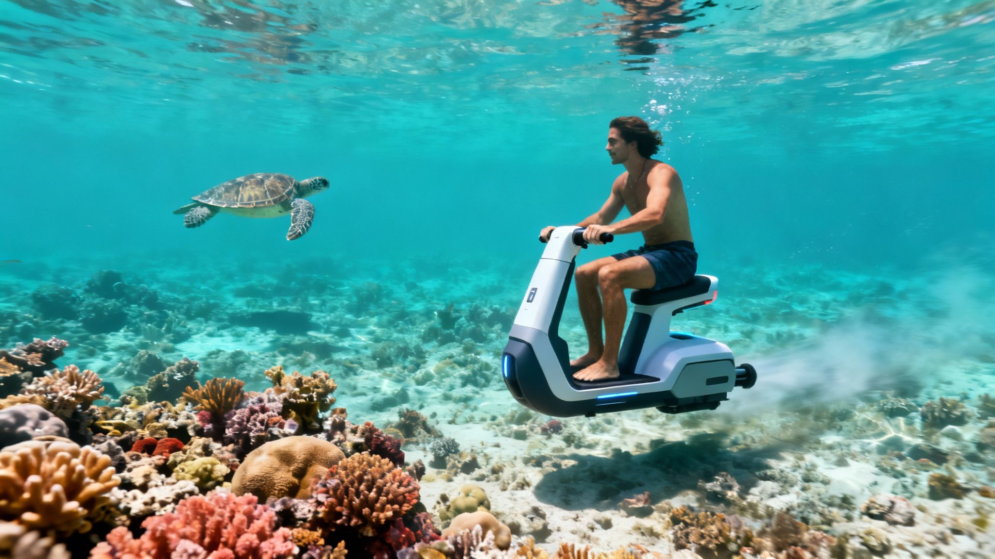 Man riding an underwater scooter near a vibrant coral reef with a sea turtle swimming by.