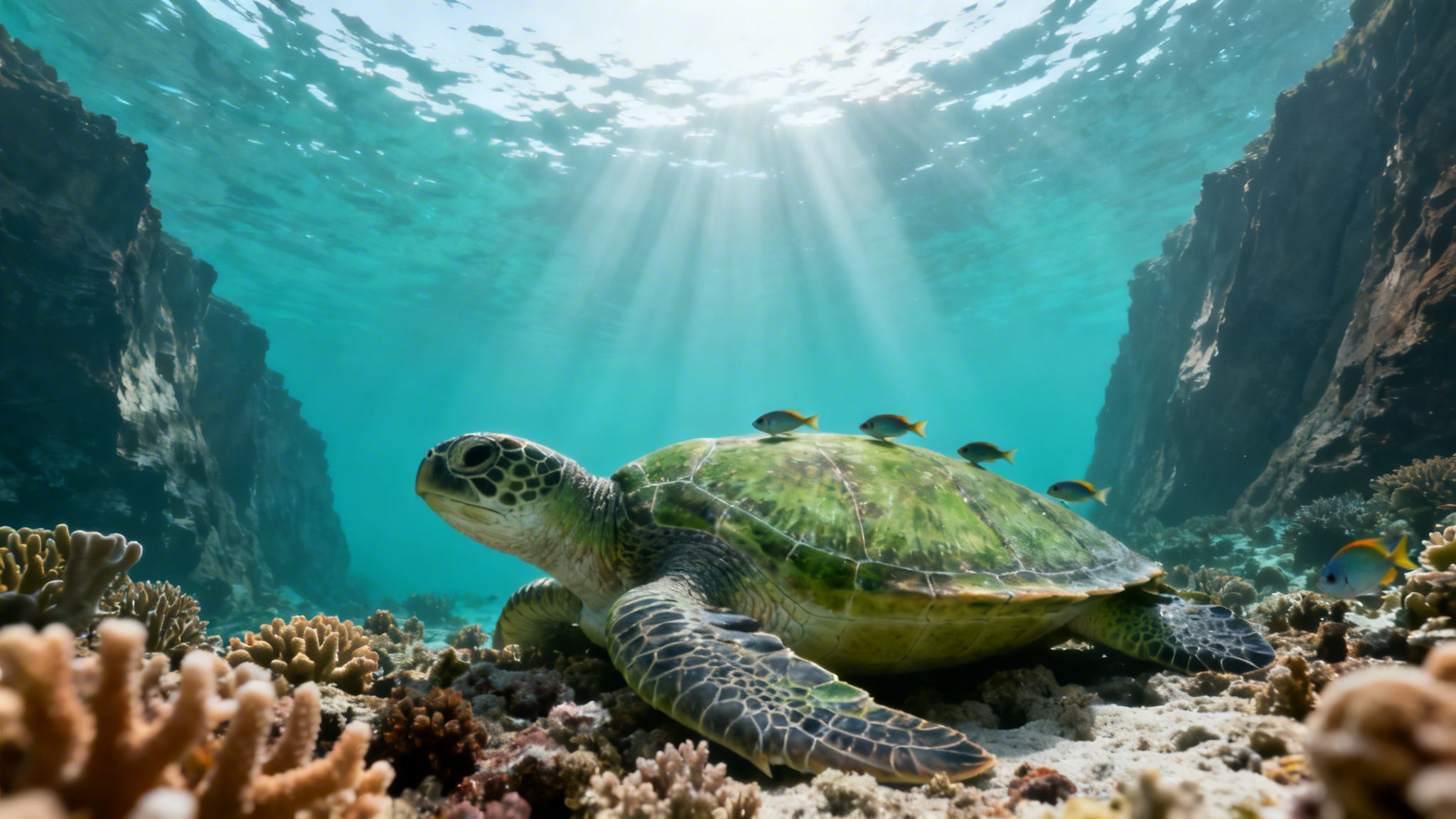 A majestic green sea turtle rests on a vibrant coral reef in clear turquoise water with sunbeams.