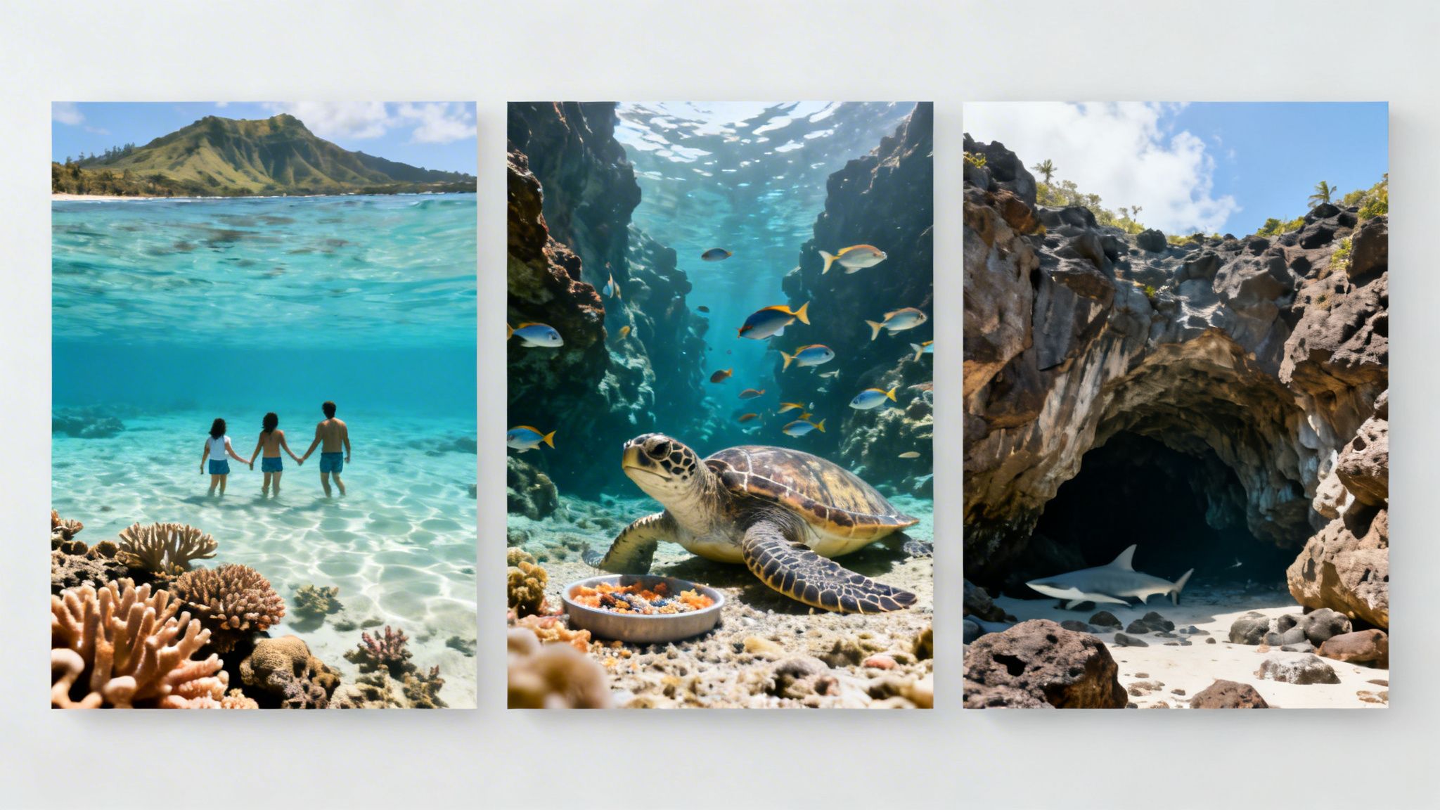 Three panels depicting tropical marine scenes: a family in clear water, a sea turtle, and a shark in a cave.