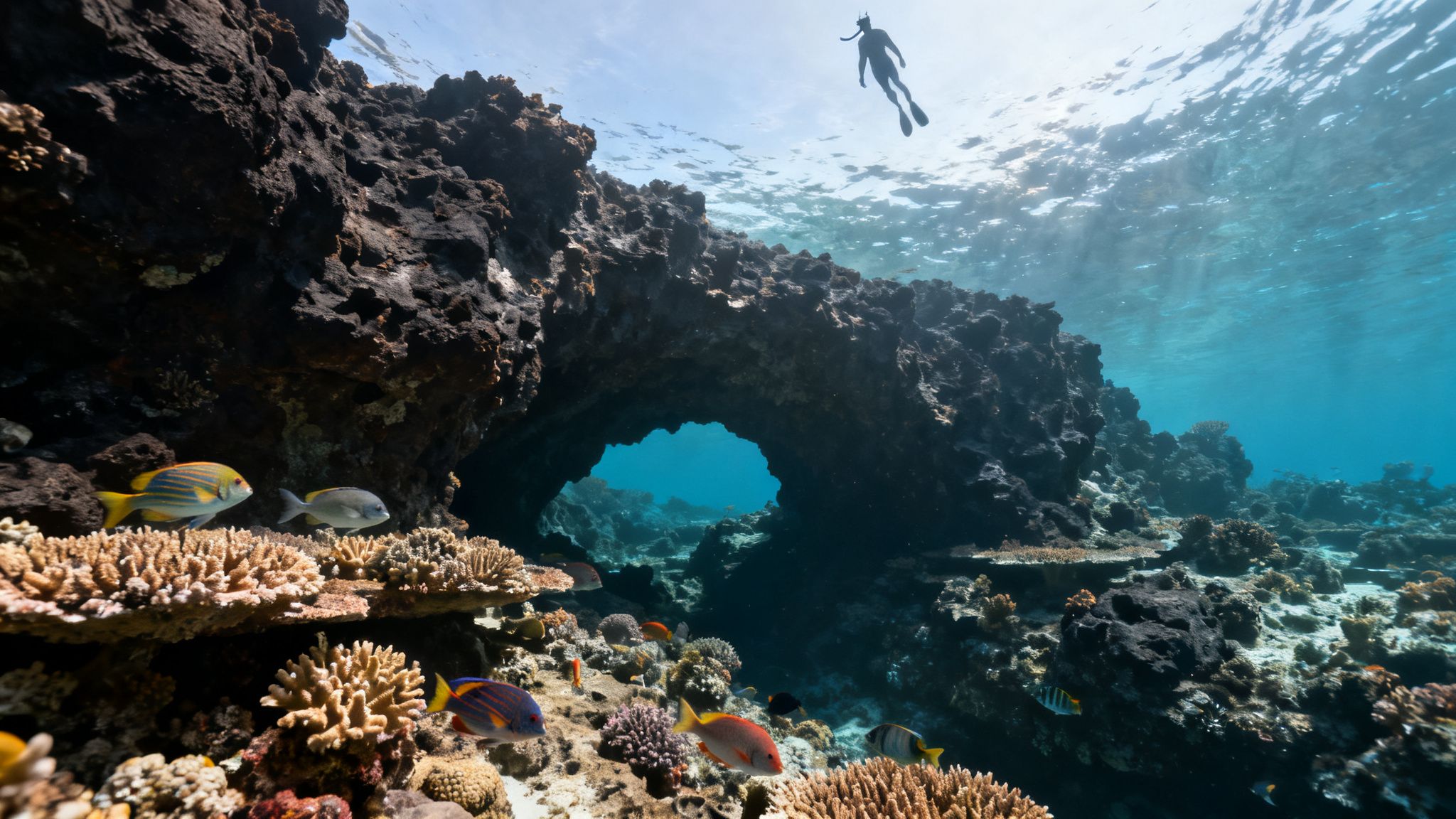 Underwater view of a snorkeler swimming above vibrant coral reefs and colorful fish near a rock archway.