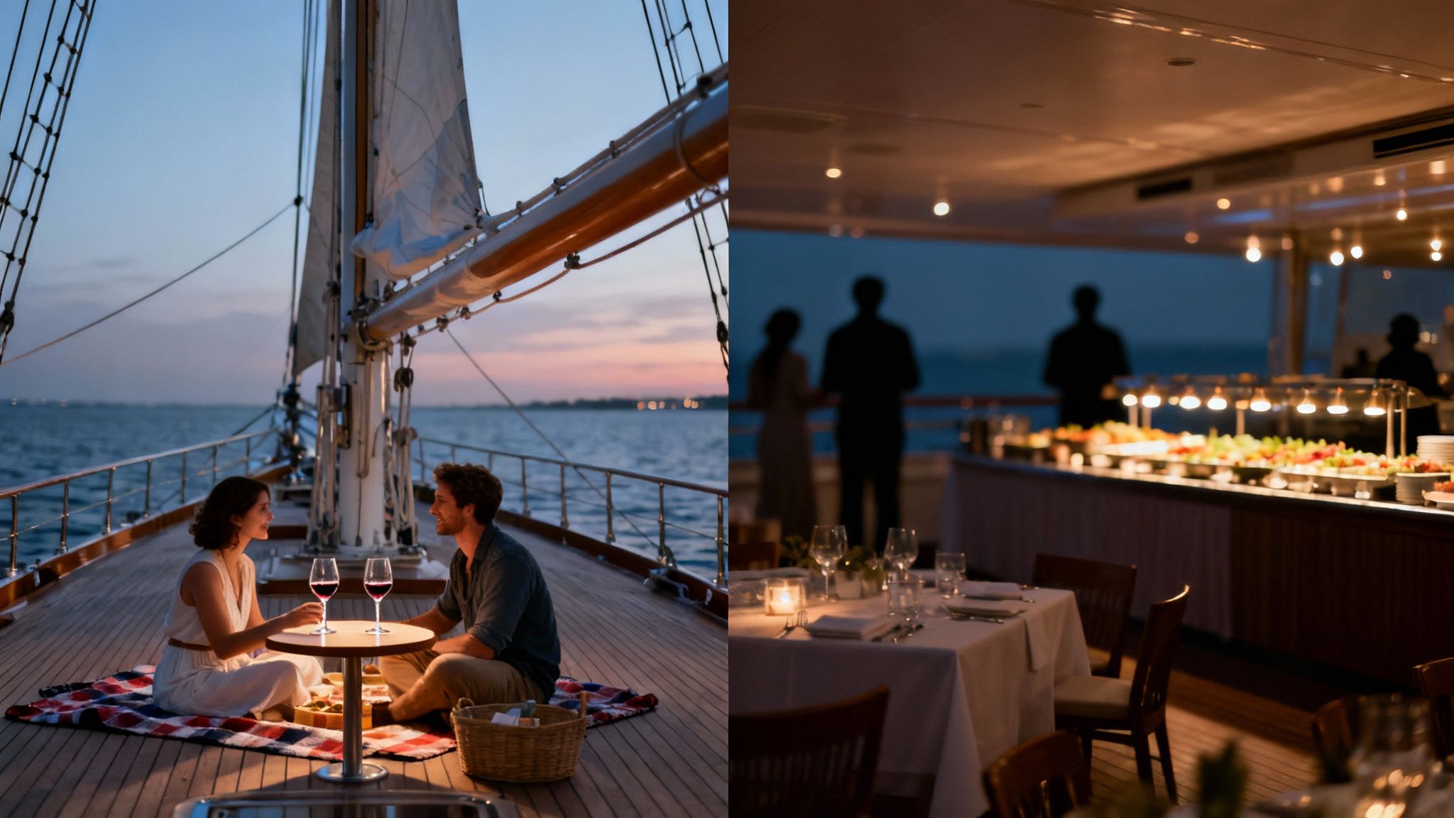A couple enjoys a romantic sunset dinner on a sailboat, next to a lively cruise buffet.