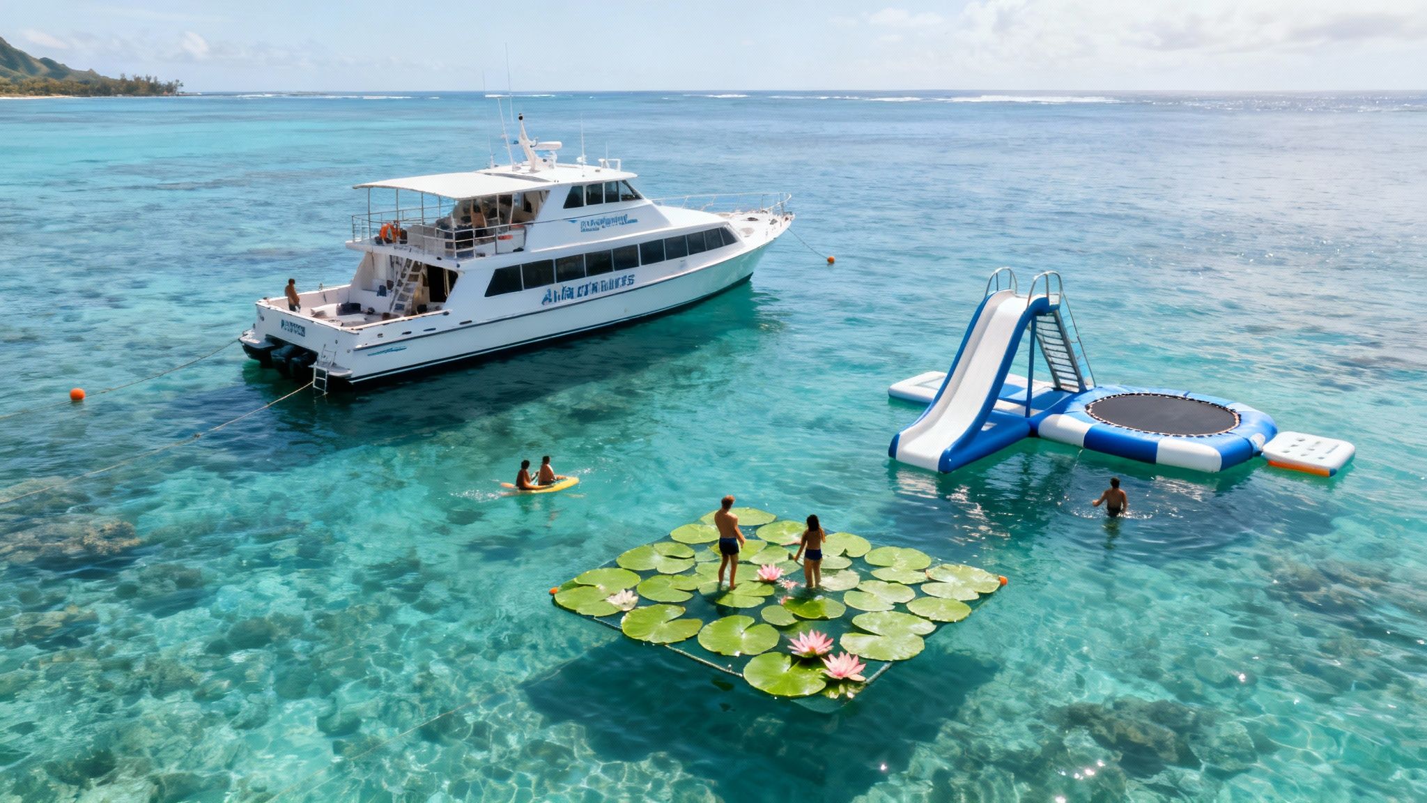 People enjoying water activities, including a boat and inflatable water park, in clear turquoise ocean.