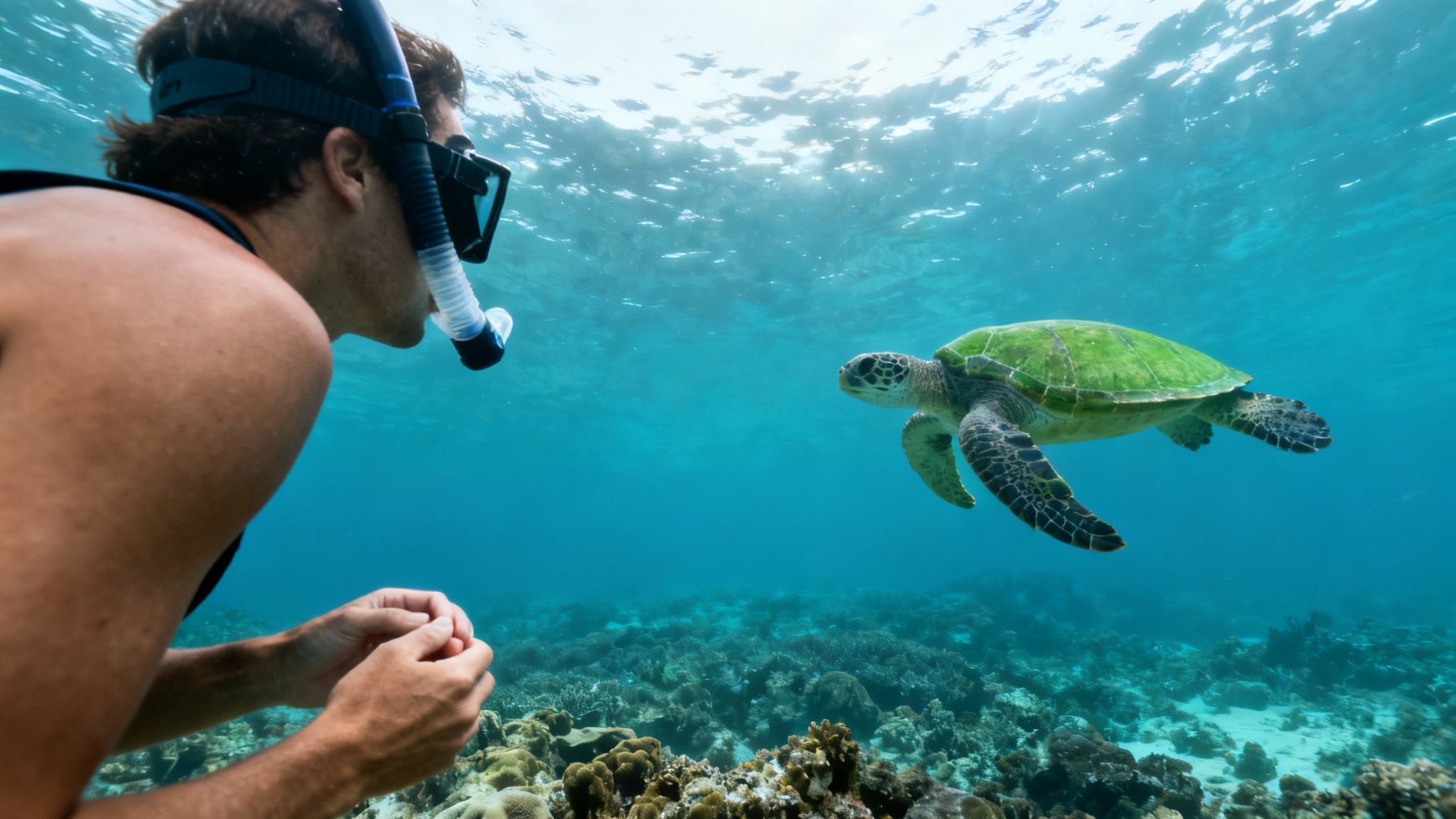 A man snorkeling underwater with a green sea turtle near a vibrant coral reef.