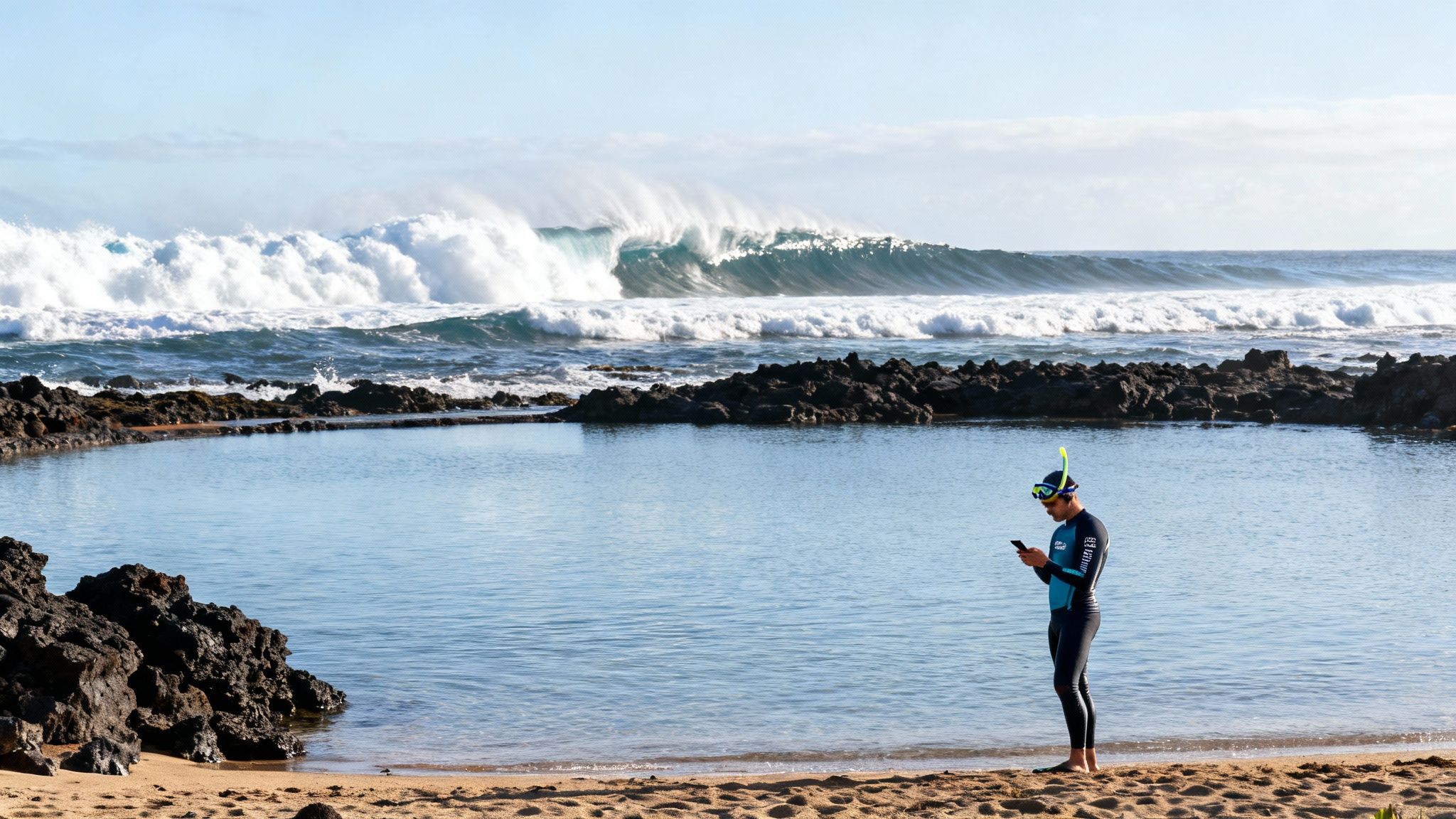 A snorkeler checks their phone on a sandy beach by a calm pool, with large waves crashing in the ocean background.