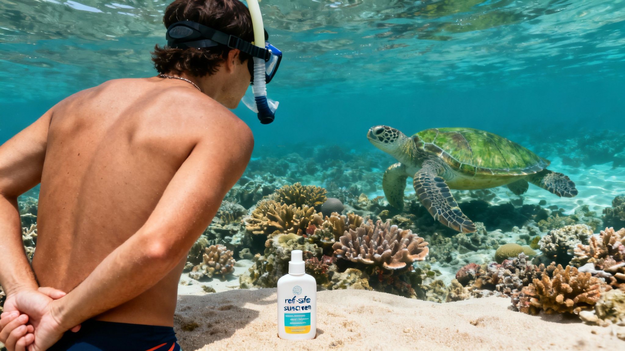 A snorkeler observes a sea turtle near a vibrant coral reef with reef-safe sunscreen.