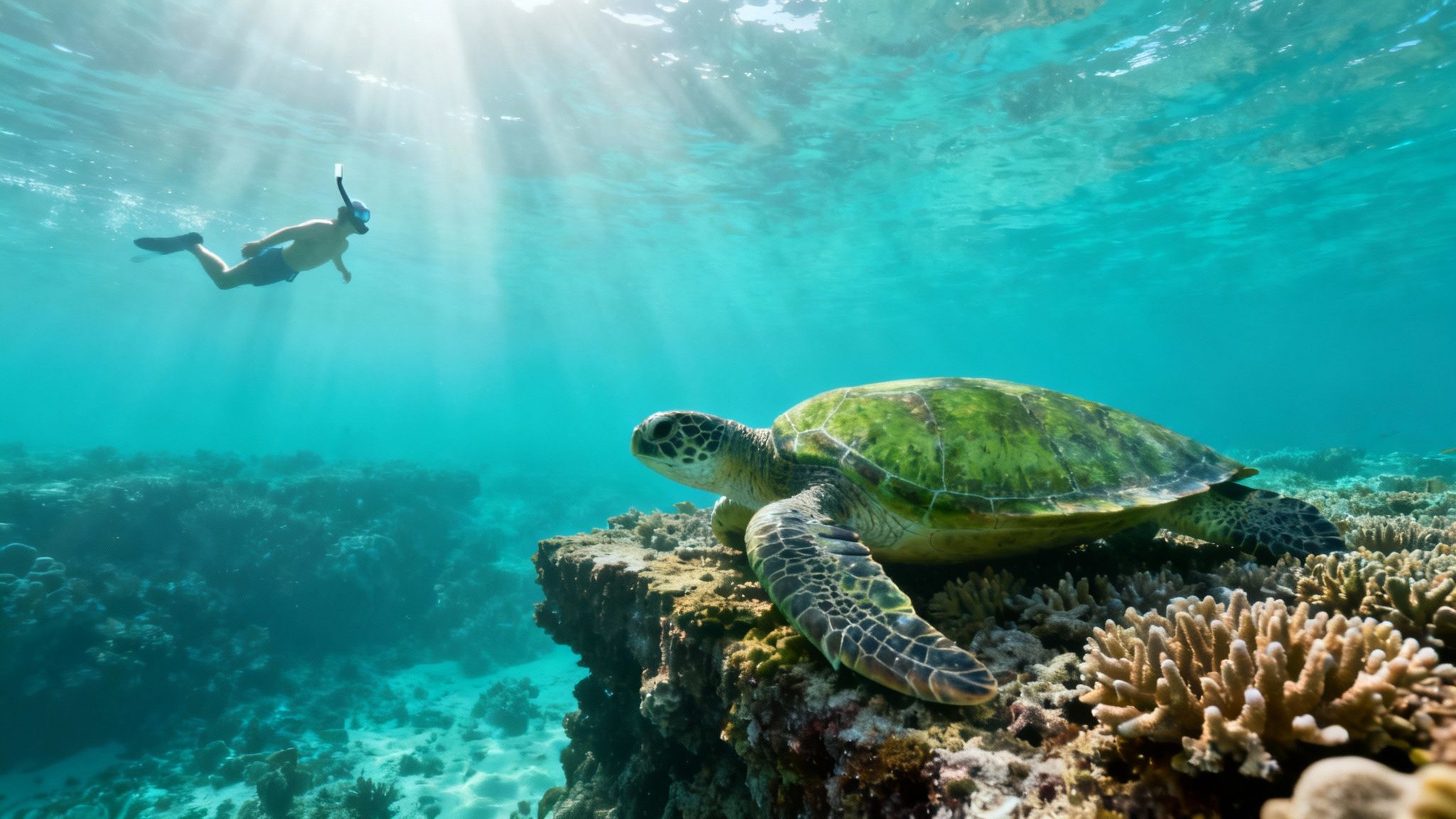 A snorkeler observes a majestic green sea turtle resting on a vibrant coral reef underwater.