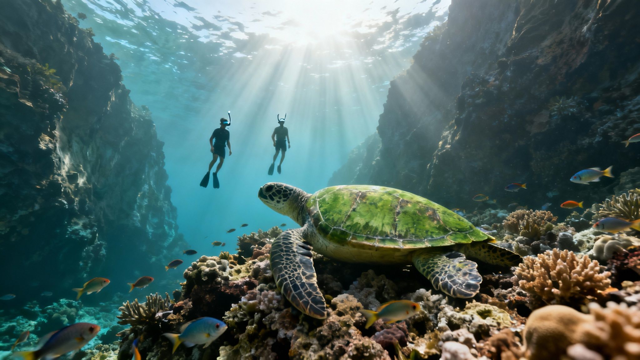 Snorkelers swimming above a majestic sea turtle on a thriving coral reef with sun rays.
