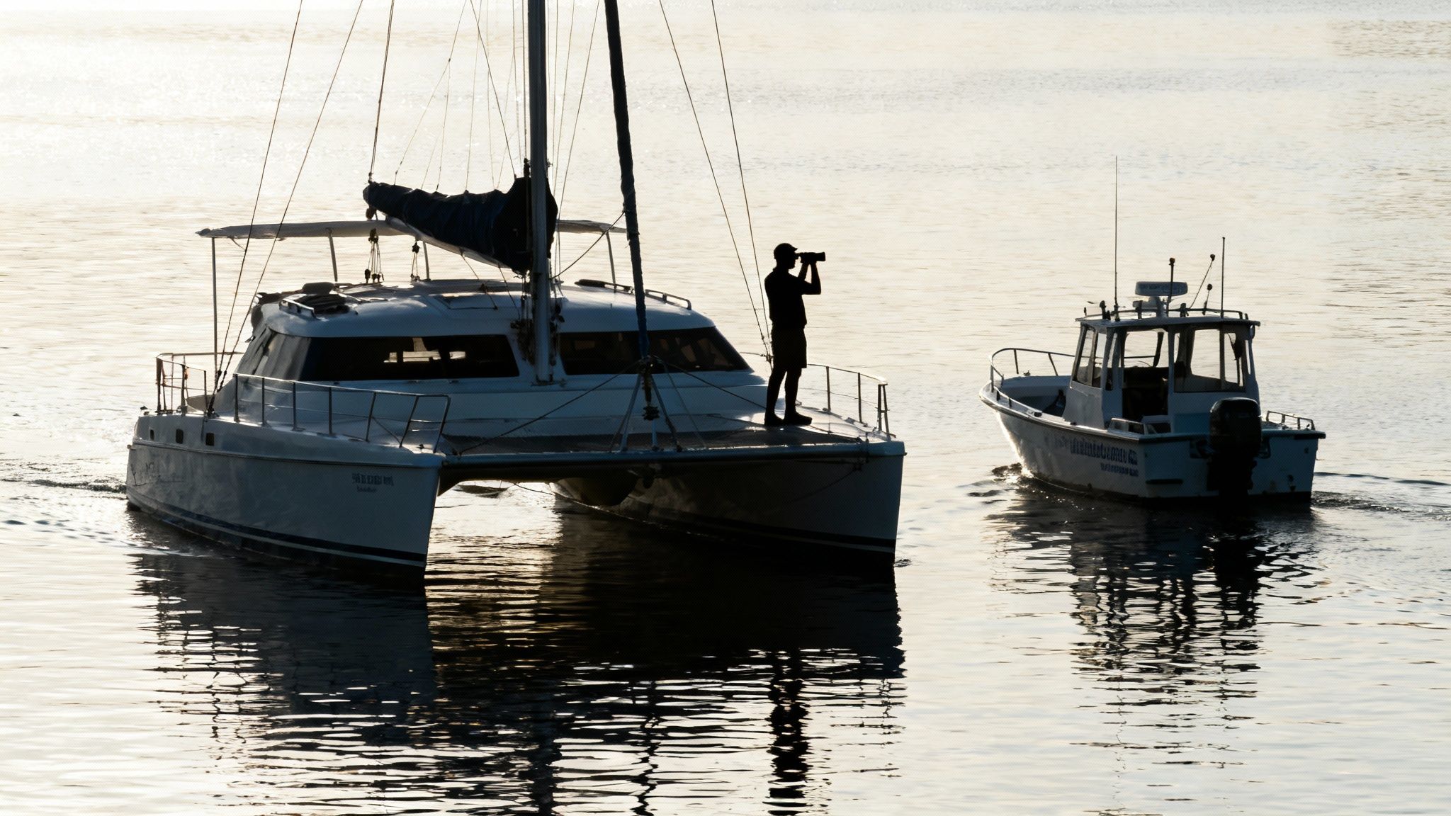 Silhouette of person with binoculars on catamaran deck observing ocean wildlife near motorboat