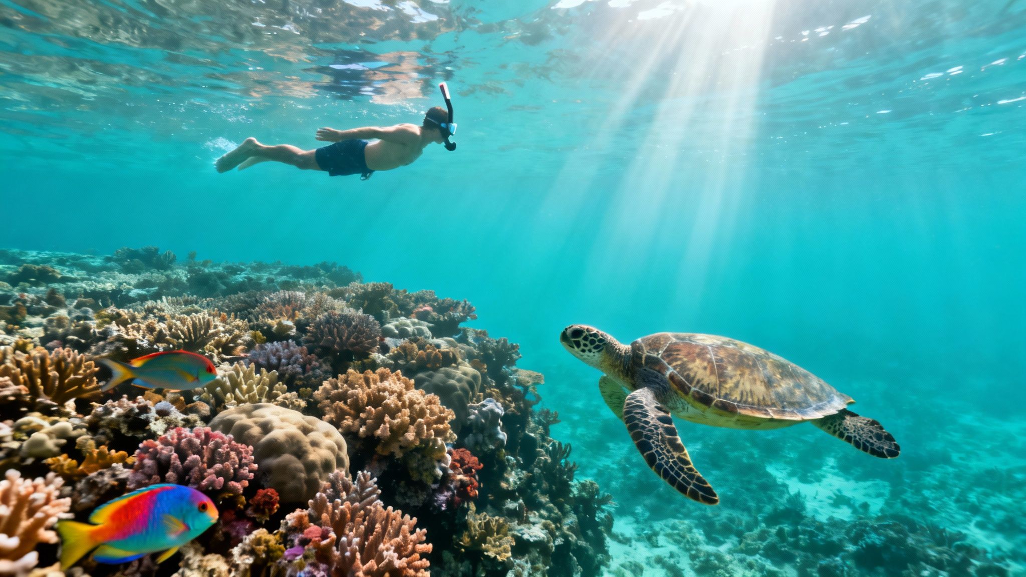 Snorkeler observes a sea turtle and colorful fish swimming over a beautiful coral reef.