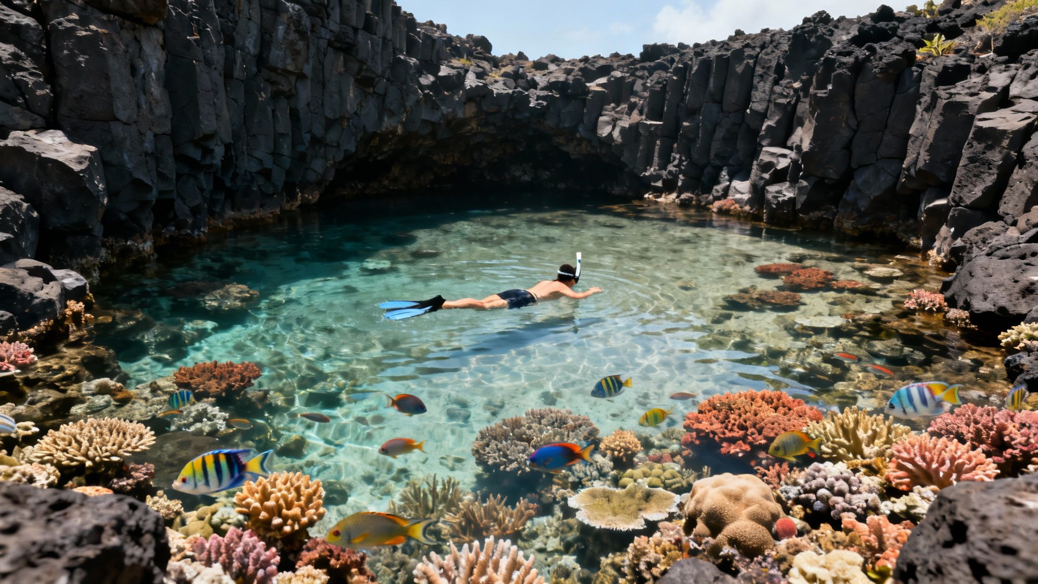A person snorkels in a beautiful clear lagoon with vibrant coral reefs and tropical fish, surrounded by dark volcanic rocks.