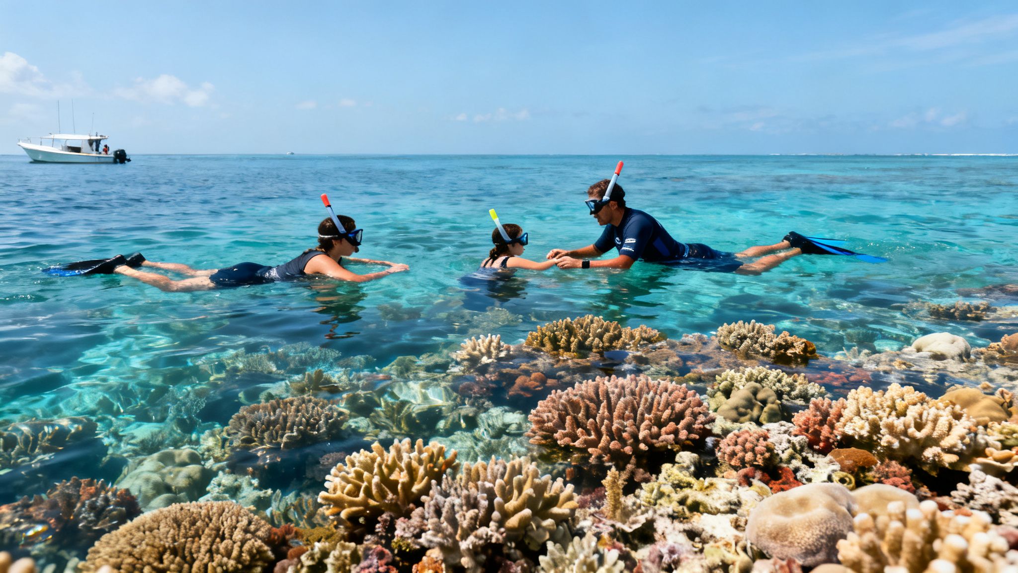 Family snorkeling above beautiful coral reefs in the clear blue ocean with a boat nearby.