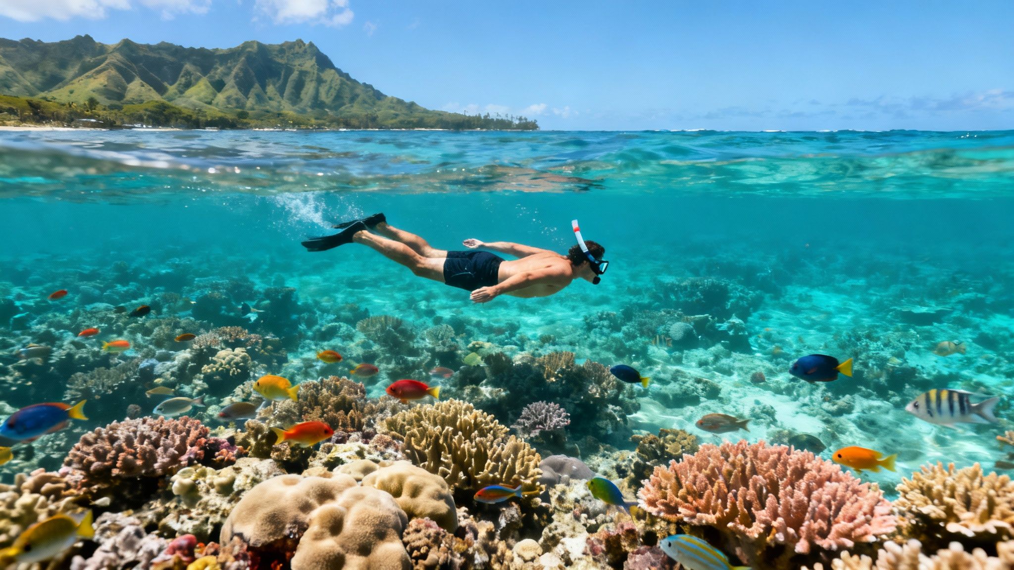 A man snorkeling over a vibrant coral reef with many colorful fish, a tropical island in the background.