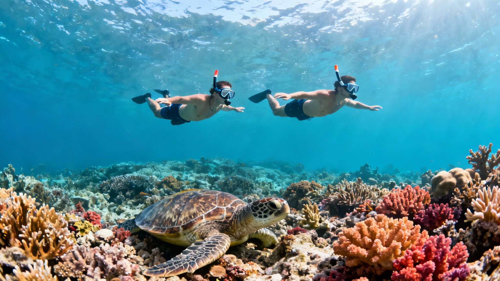 Two men snorkeling over a vibrant coral reef with a sea turtle in clear blue water.