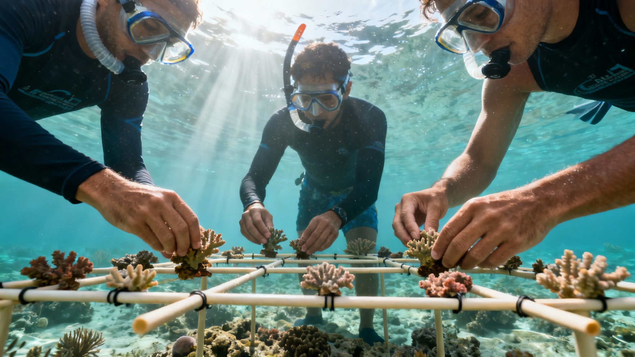 Three snorkelers underwater planting coral fragments onto a grid for reef restoration.