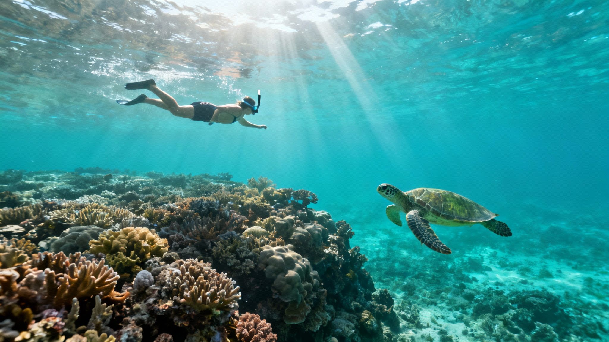 A person snorkels above a vibrant coral reef, observing a green sea turtle in clear blue water with sunbeams.