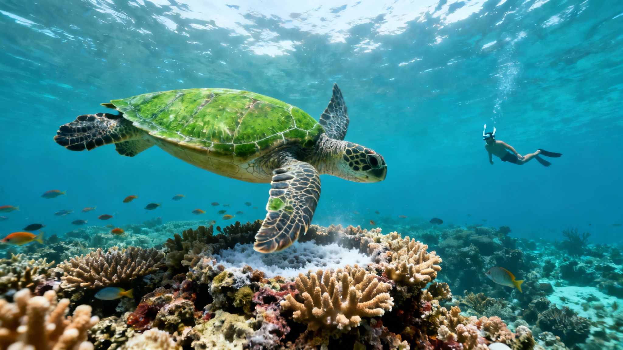 A green sea turtle swims over a vibrant coral reef with a snorkeler in the background.