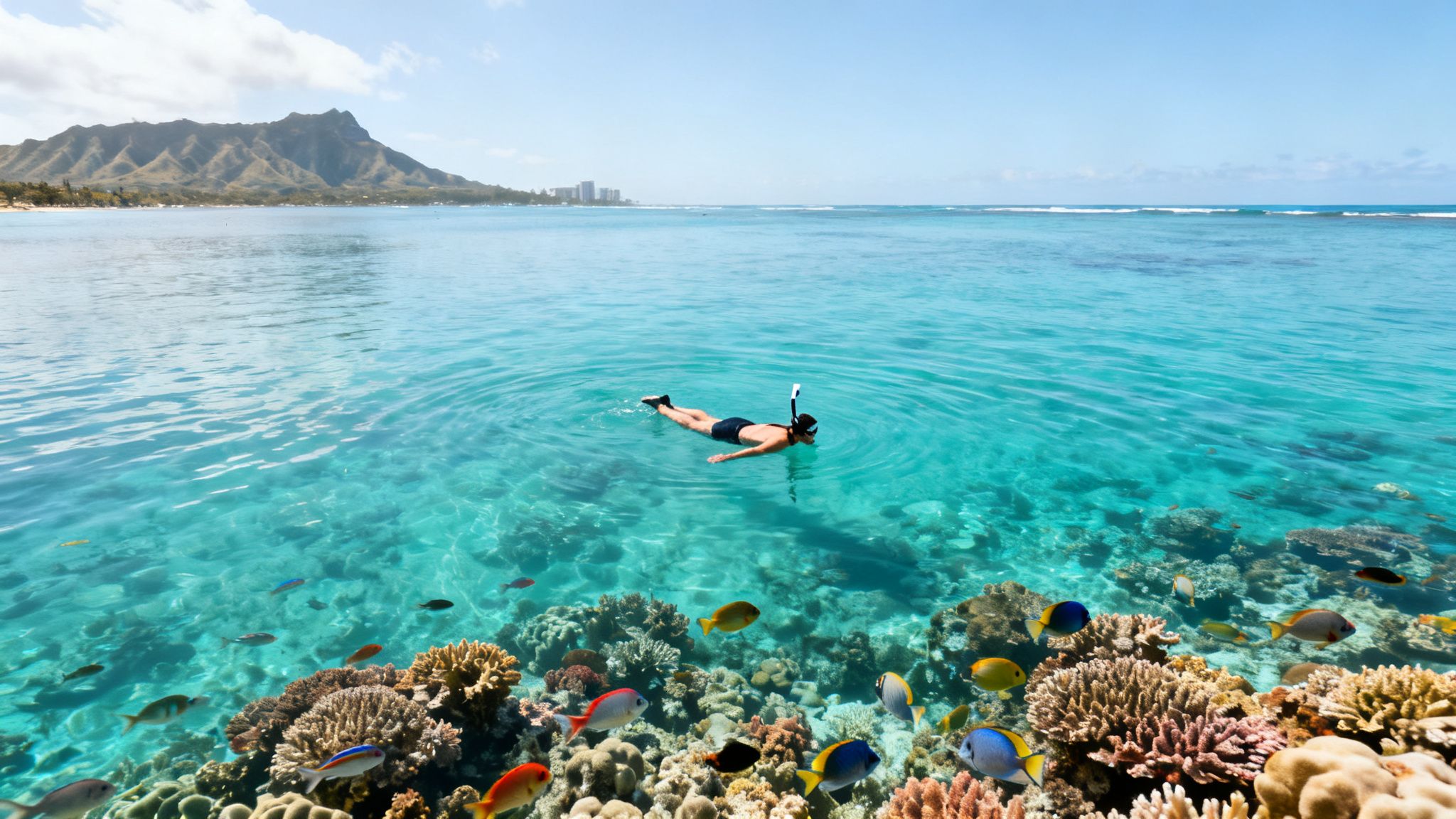 A person snorkeling above a vibrant coral reef filled with colorful fish near a tropical island mountain.