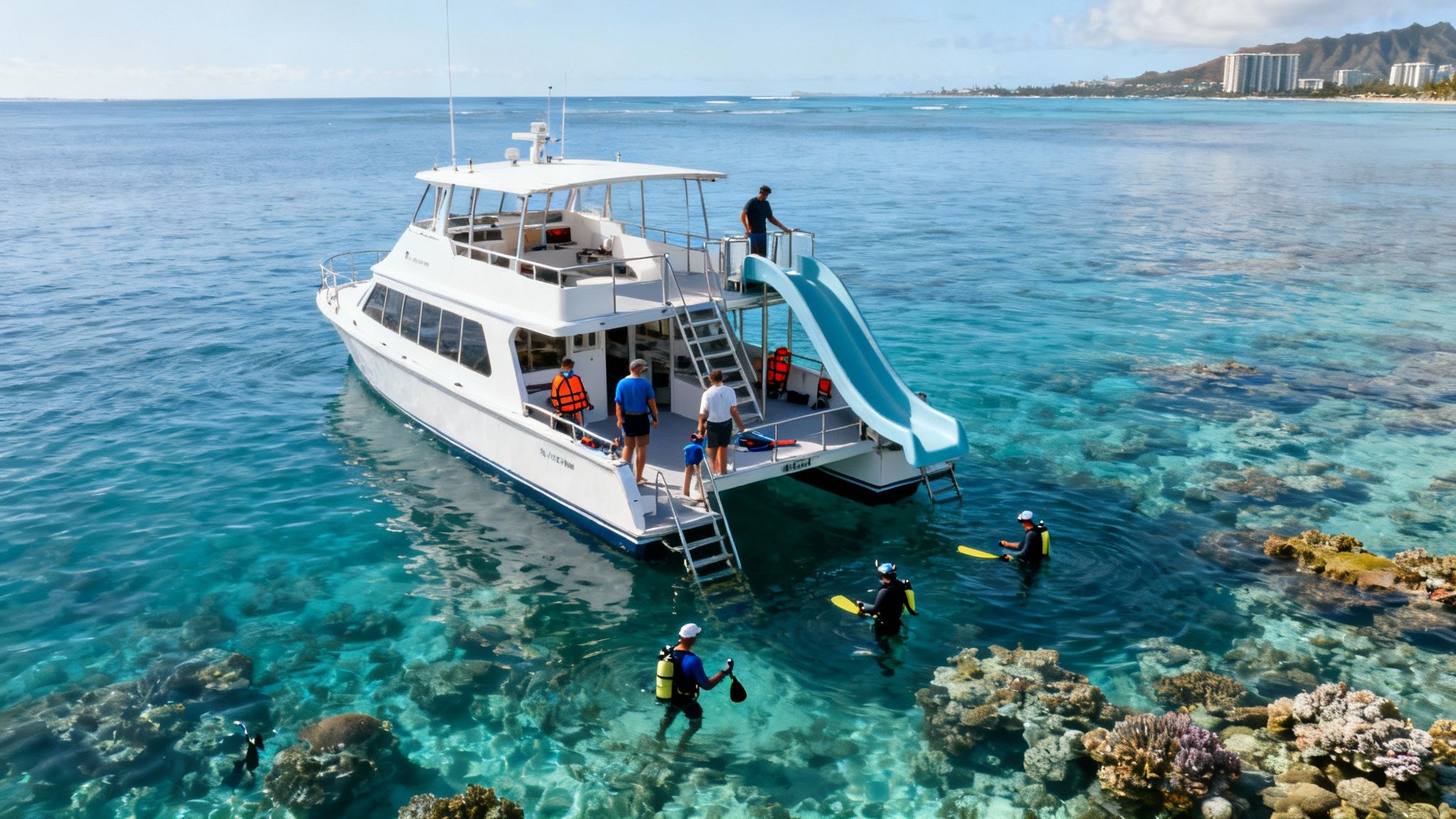 People snorkeling and enjoying a catamaran boat with a slide in clear Hawaiian waters near coral reefs.