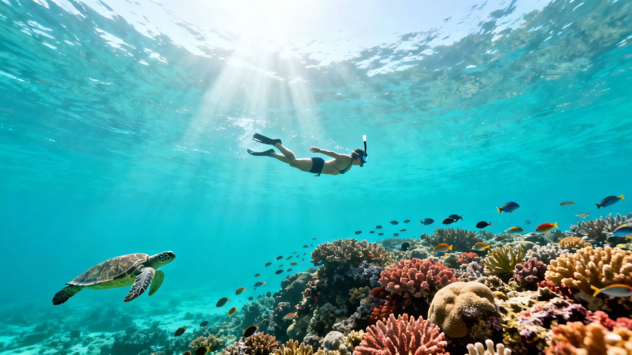 A person snorkels above a vibrant coral reef, with a sea turtle and colorful fish, illuminated by sunbeams.