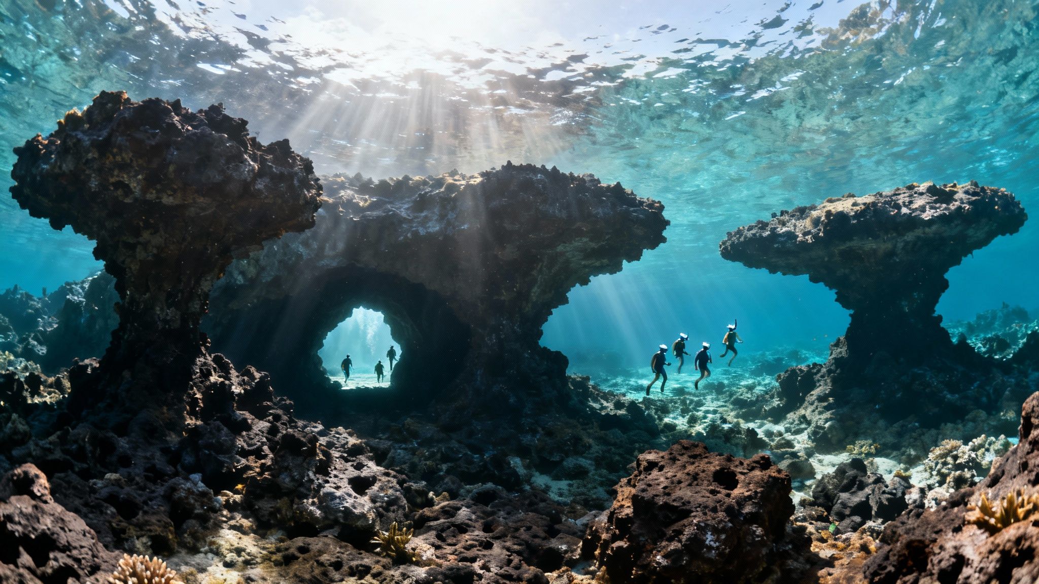 Sunlight pierces clear blue waters above divers exploring vibrant underwater rock formations and corals.