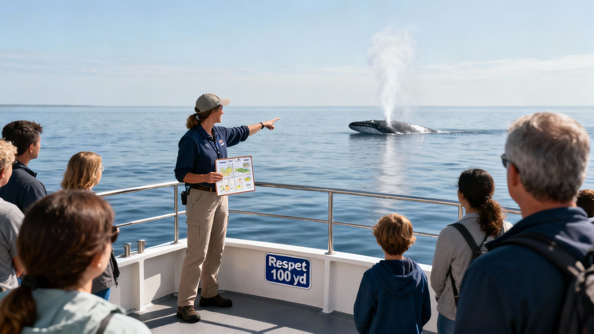 A guide on a boat points at a whale spouting water, as tourists watch during a whale watching tour.