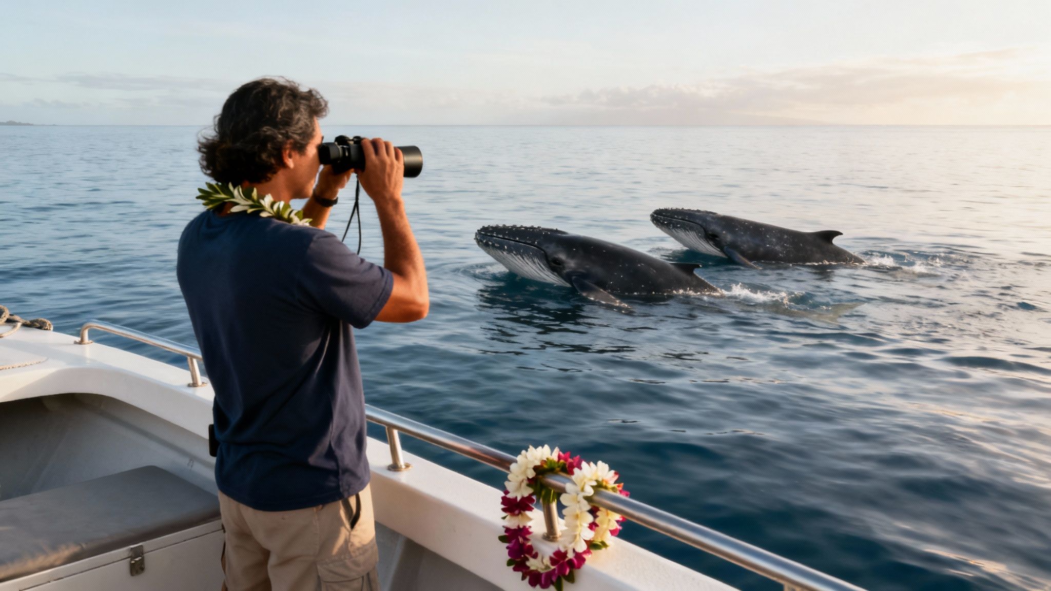 A whale watching tour boat keeping a respectful distance from a humpback whale in Honolulu.