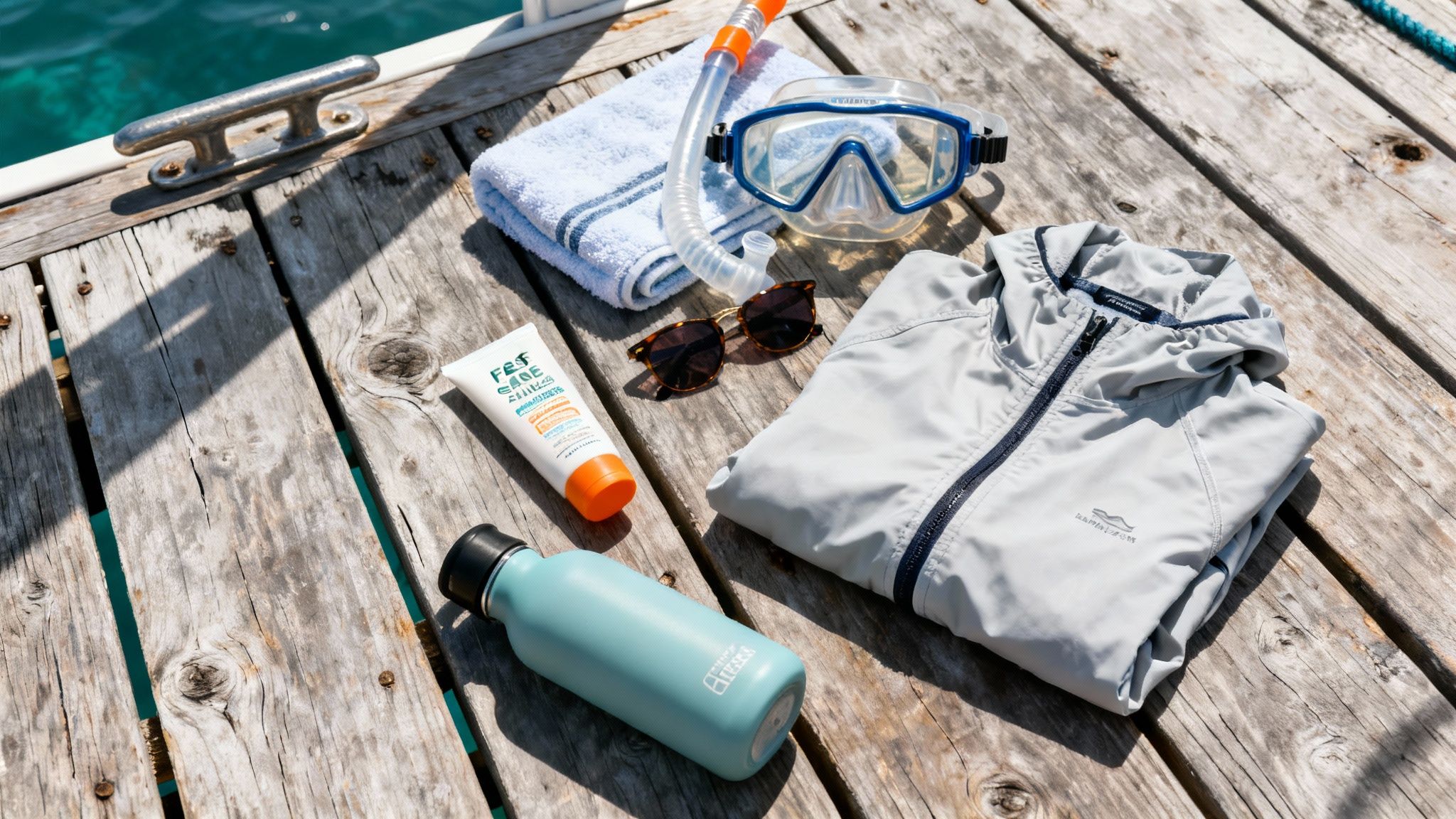 Snorkeling gear, sunscreen, sunglasses, and a water bottle neatly arranged on a wooden dock by the ocean.