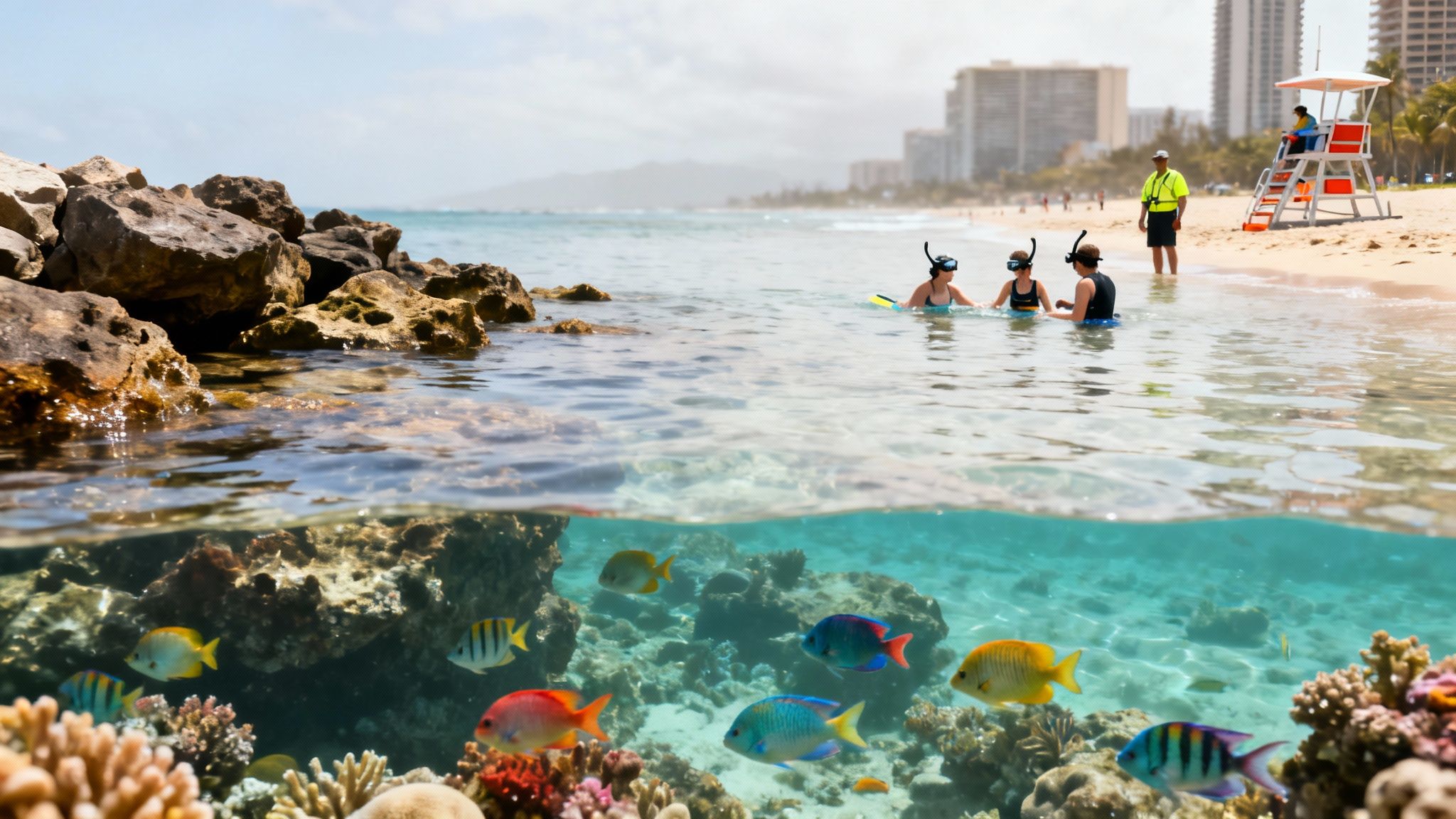 Tourists snorkeling in clear ocean water with colorful fish and coral reefs at a tropical beach.