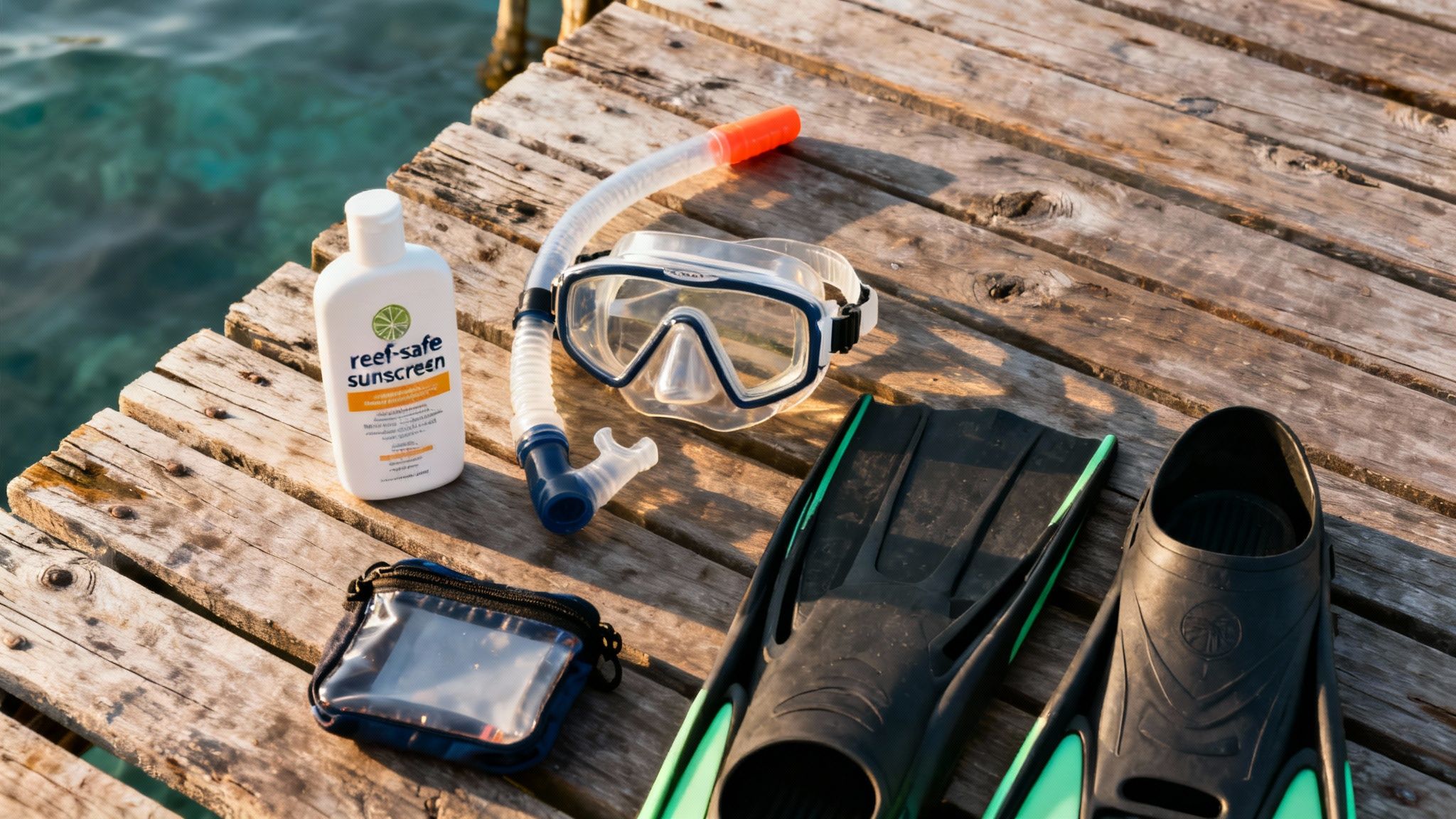 Snorkeling gear including a mask, snorkel, fins, reef-safe sunscreen, and a pouch on a wooden dock by the sea.