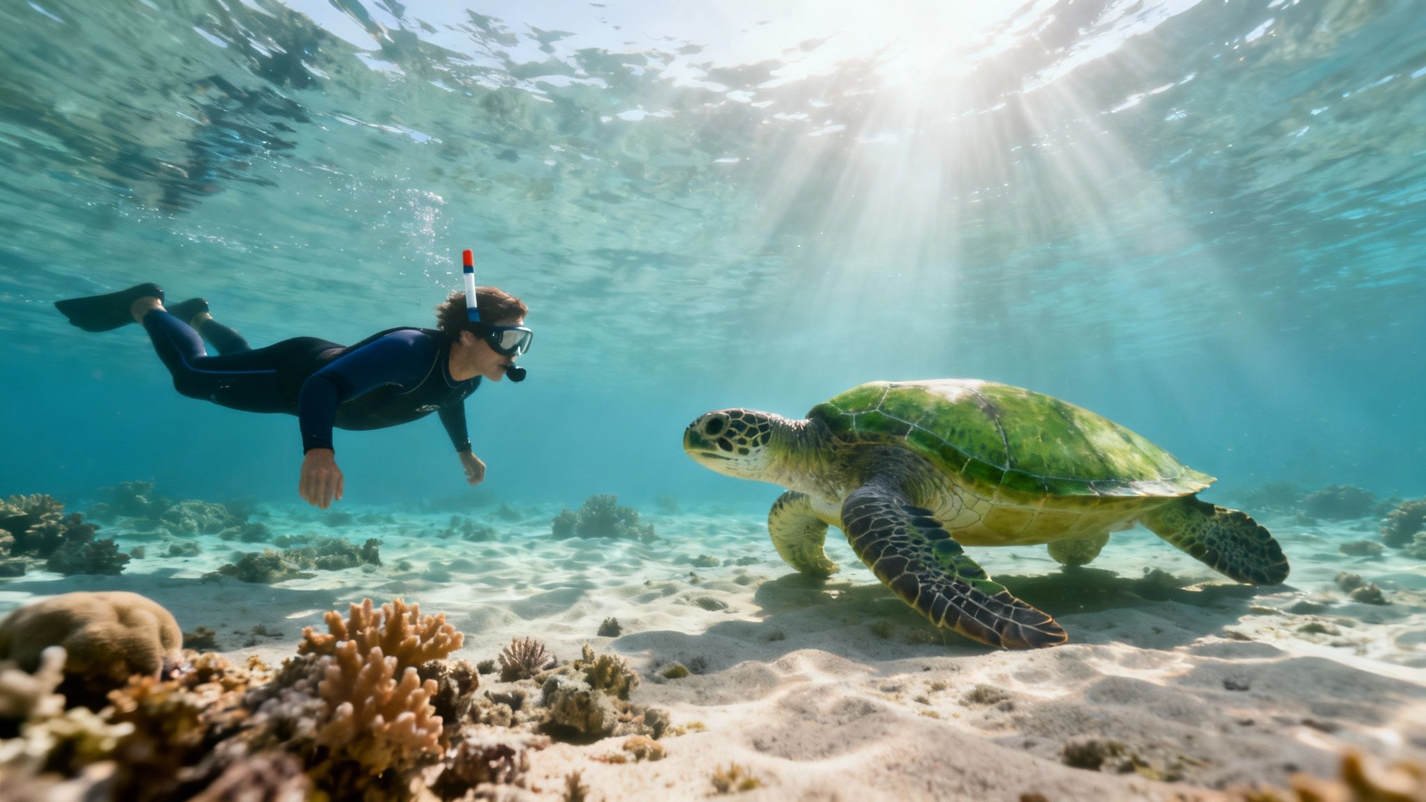 A snorkeler wearing a wetsuit, mask, and snorkel observes a large green sea turtle on the seabed with sunlight rays.
