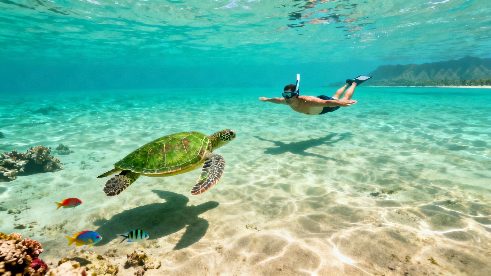 A man snorkeling underwater with a green sea turtle and colorful fish in clear blue water.