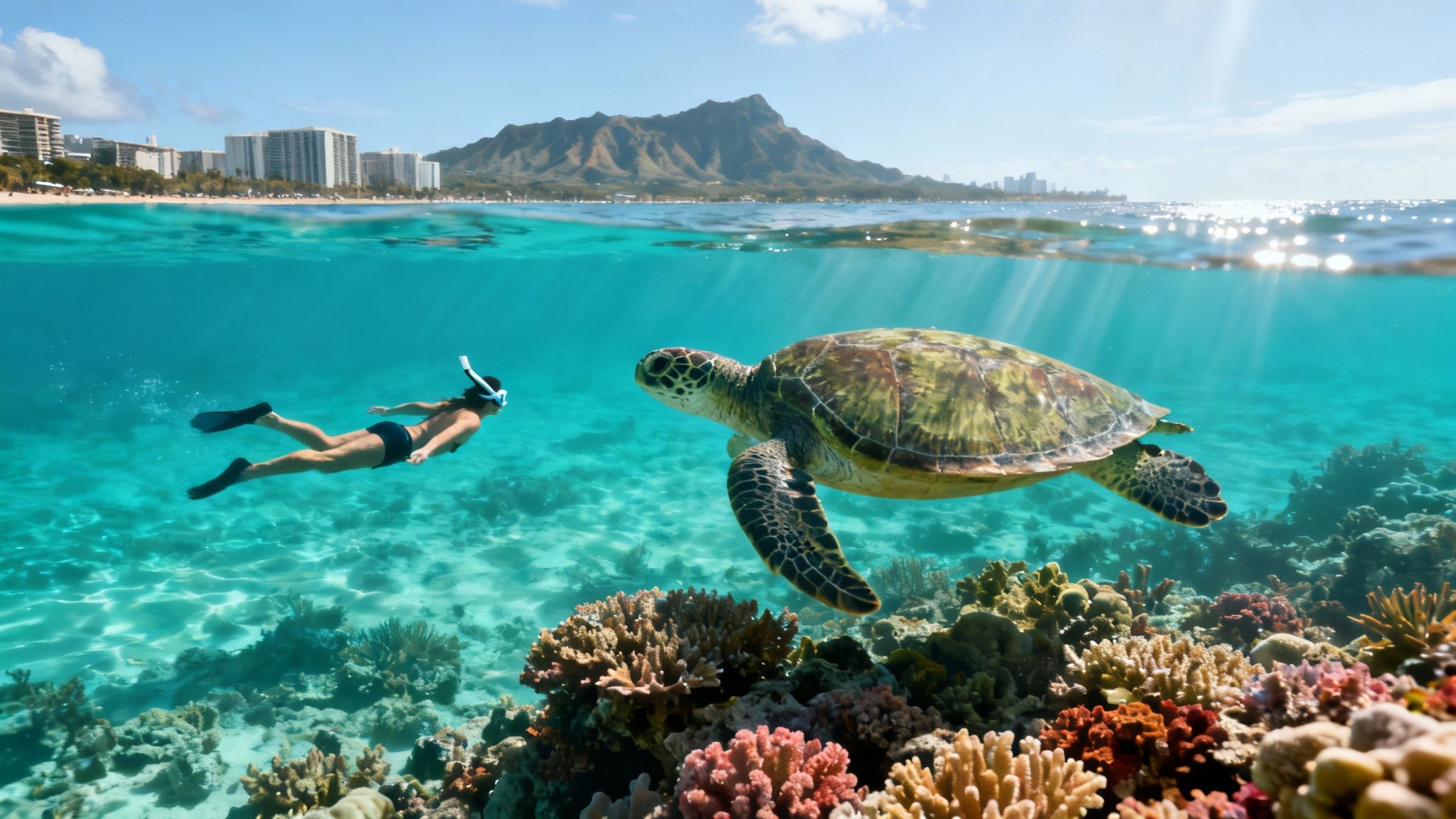 Snorkeler observes a green sea turtle in clear blue water, with Honolulu coastline and Diamond Head above.