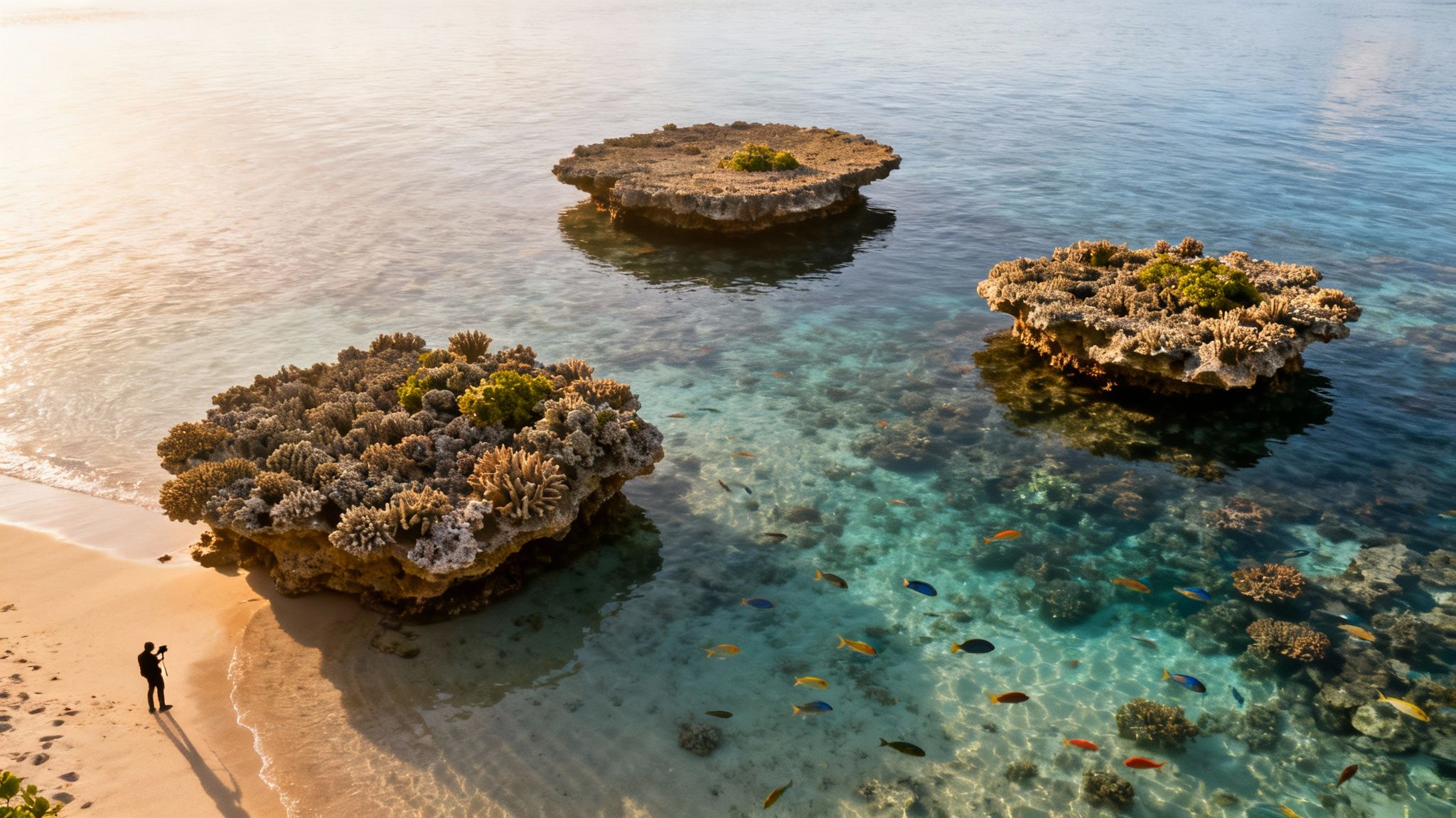 Aerial view of a person photographing a beautiful tropical beach with shallow clear water, coral formations, and colorful fish.