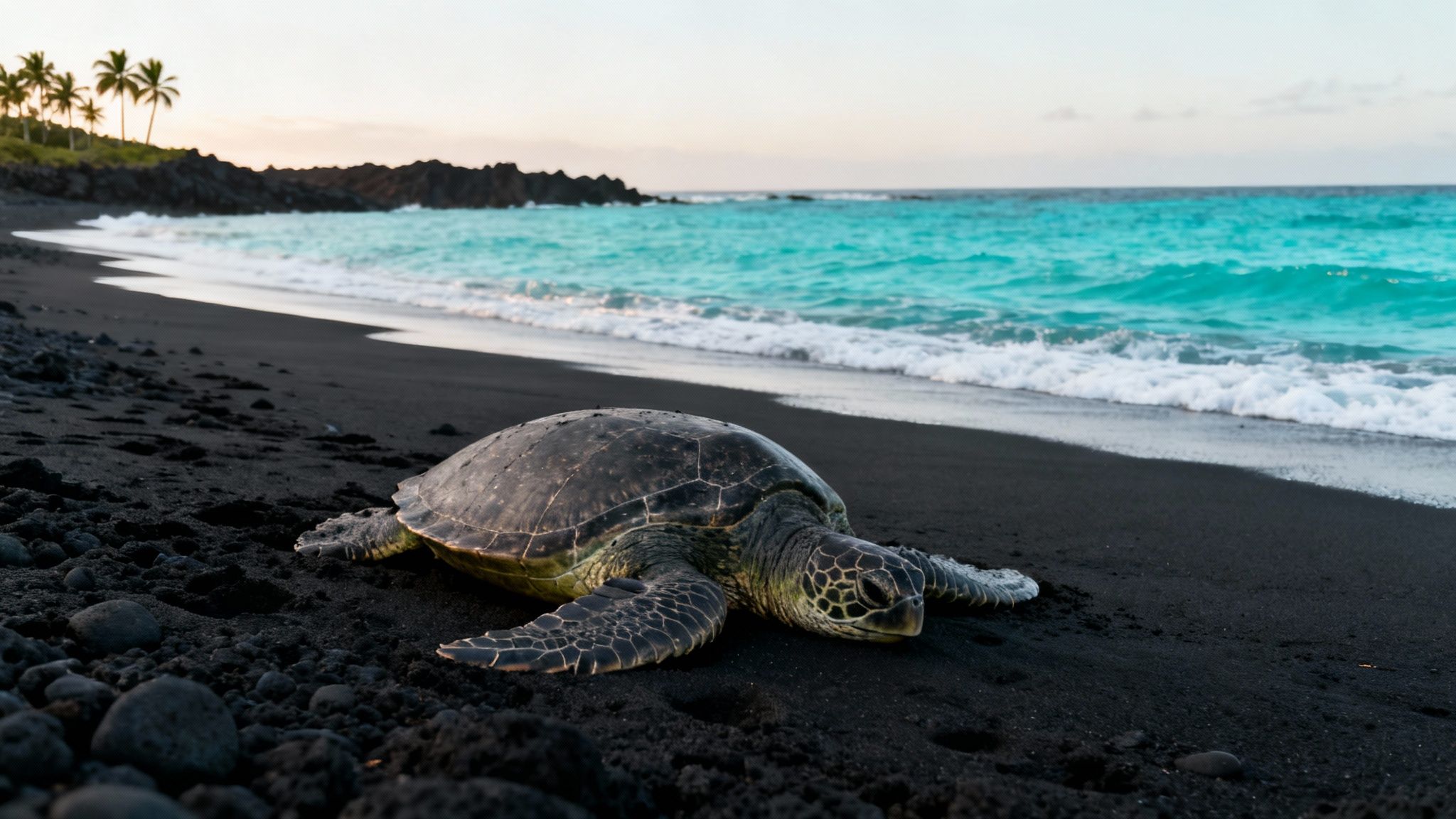 A large green sea turtle rests on a black sand beach with turquoise ocean waves.