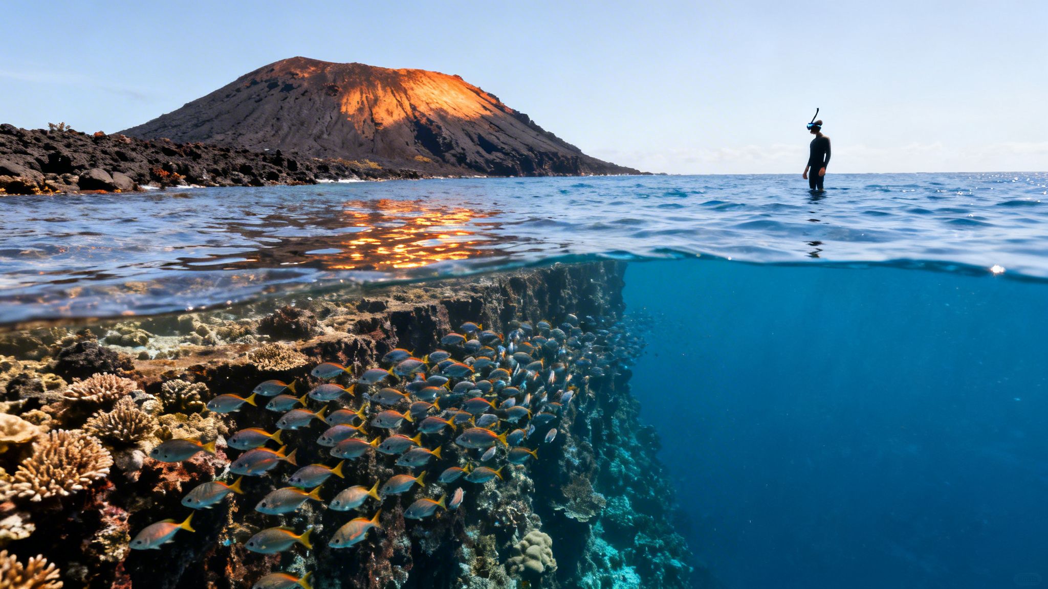 A breathtaking split-level view of a snorkeler and a volcanic island, with a vibrant coral reef and fish.