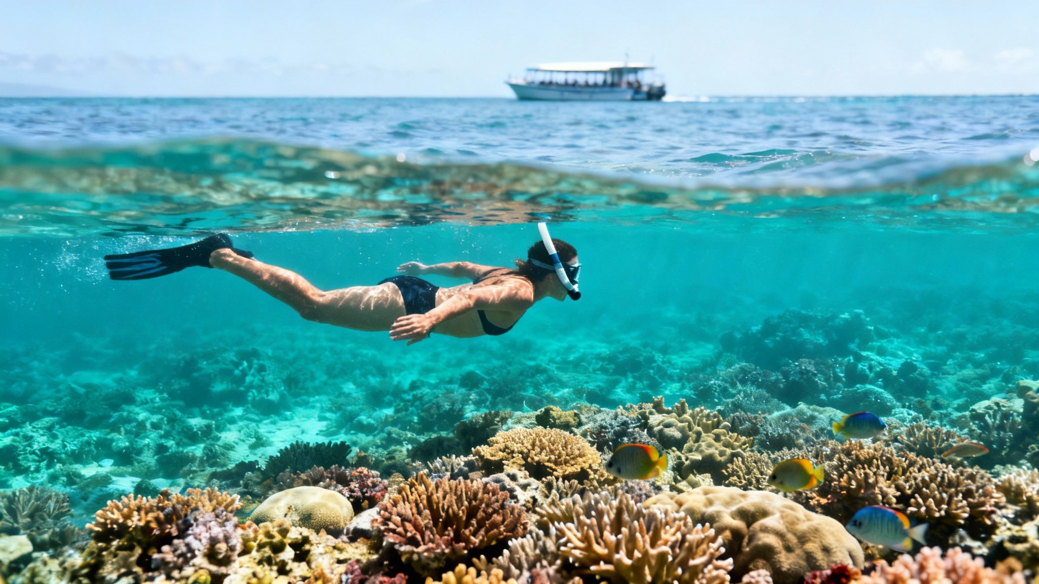 Woman snorkeling over a vibrant coral reef with colorful fish in clear tropical water.