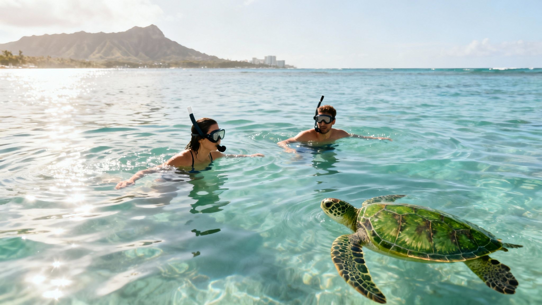Two people snorkeling in clear ocean water alongside a large sea turtle near a scenic coastline.