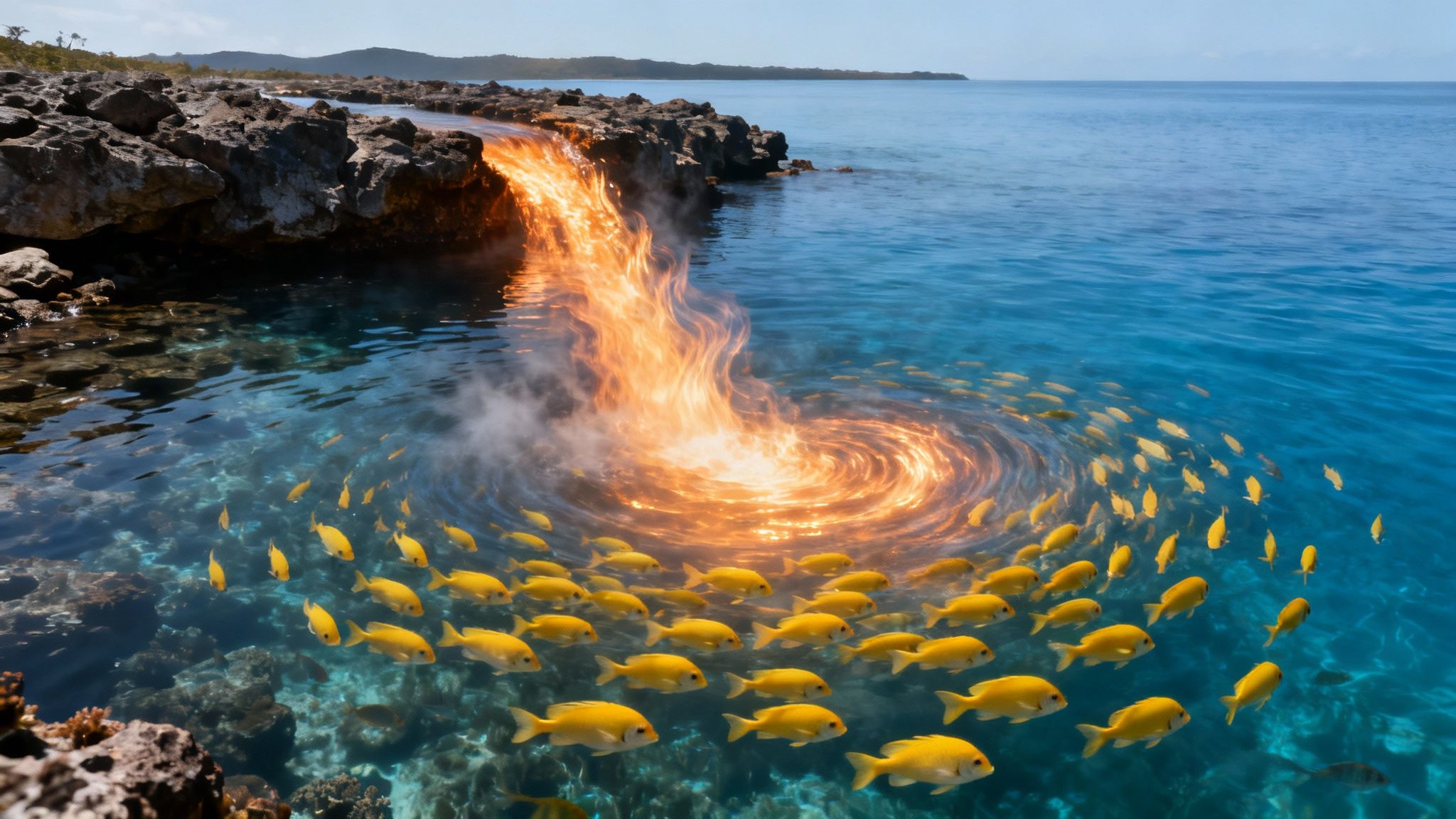 A vibrant blue ocean scene with a fiery waterfall cascading into a luminous vortex, encircled by a school of yellow fish.