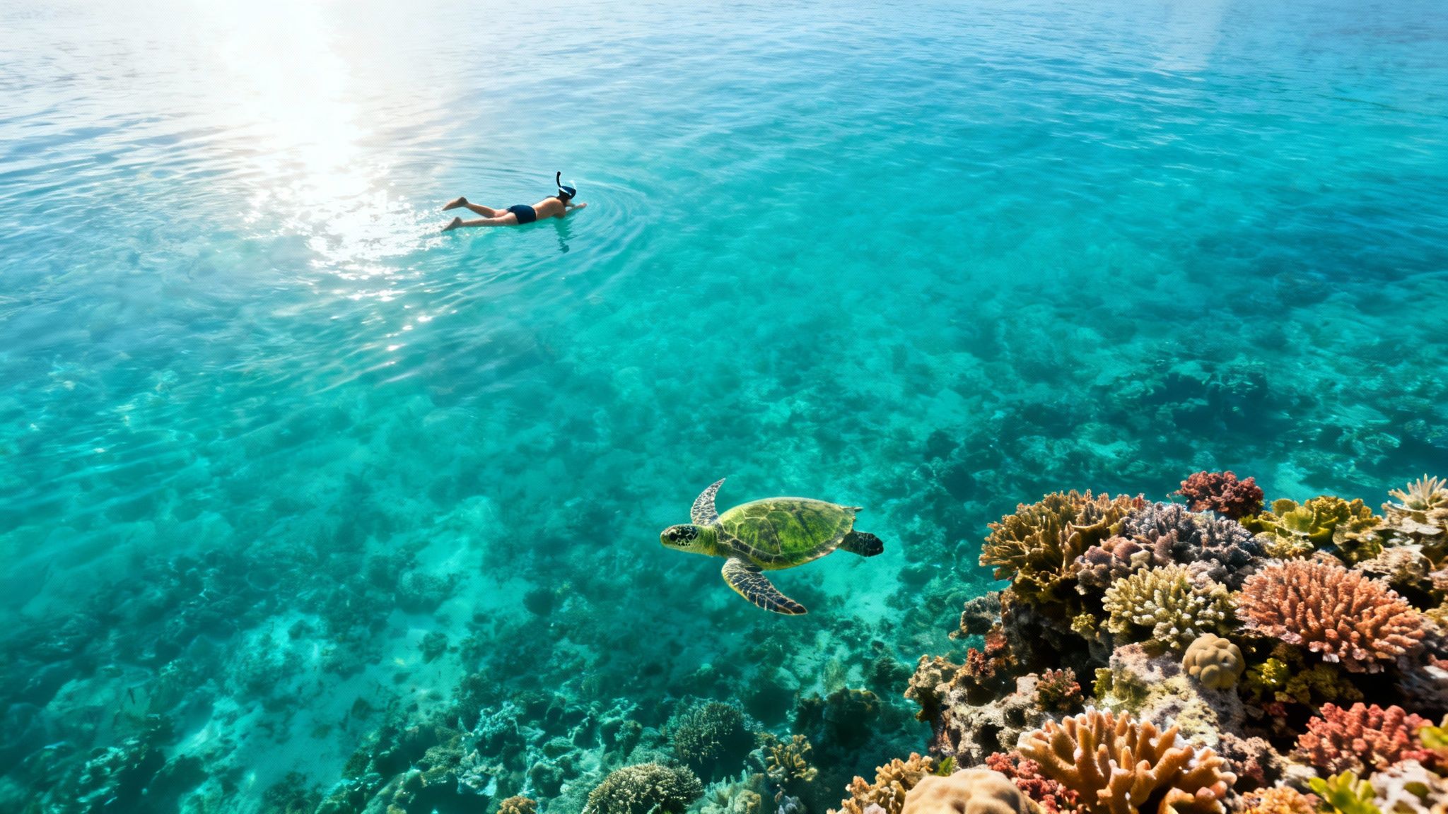A person snorkeling in crystal clear blue water, observing a sea turtle near vibrant coral reefs.