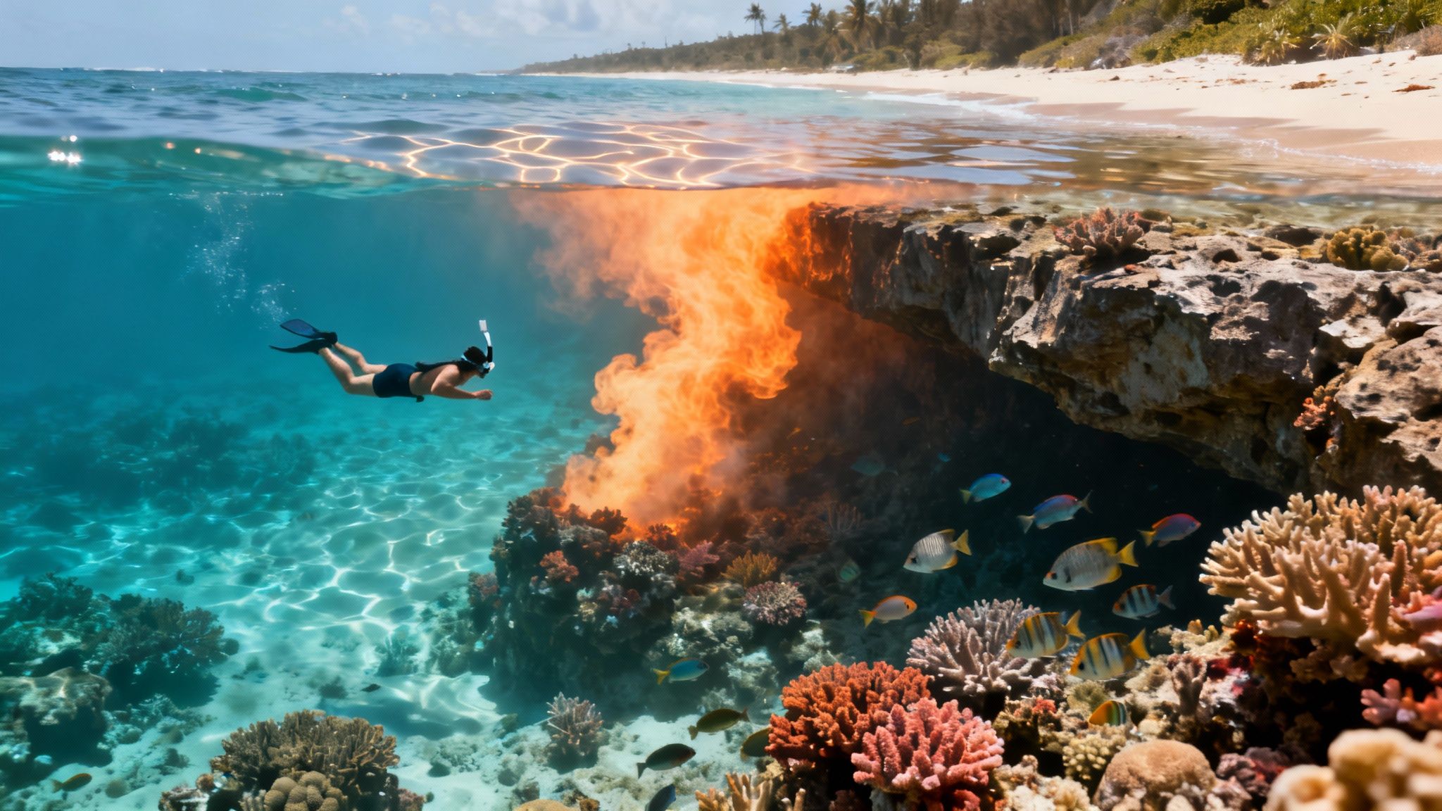 A split-level view shows a snorkeler exploring a vibrant coral reef with colorful fish and an orange underwater plume near a sandy beach.