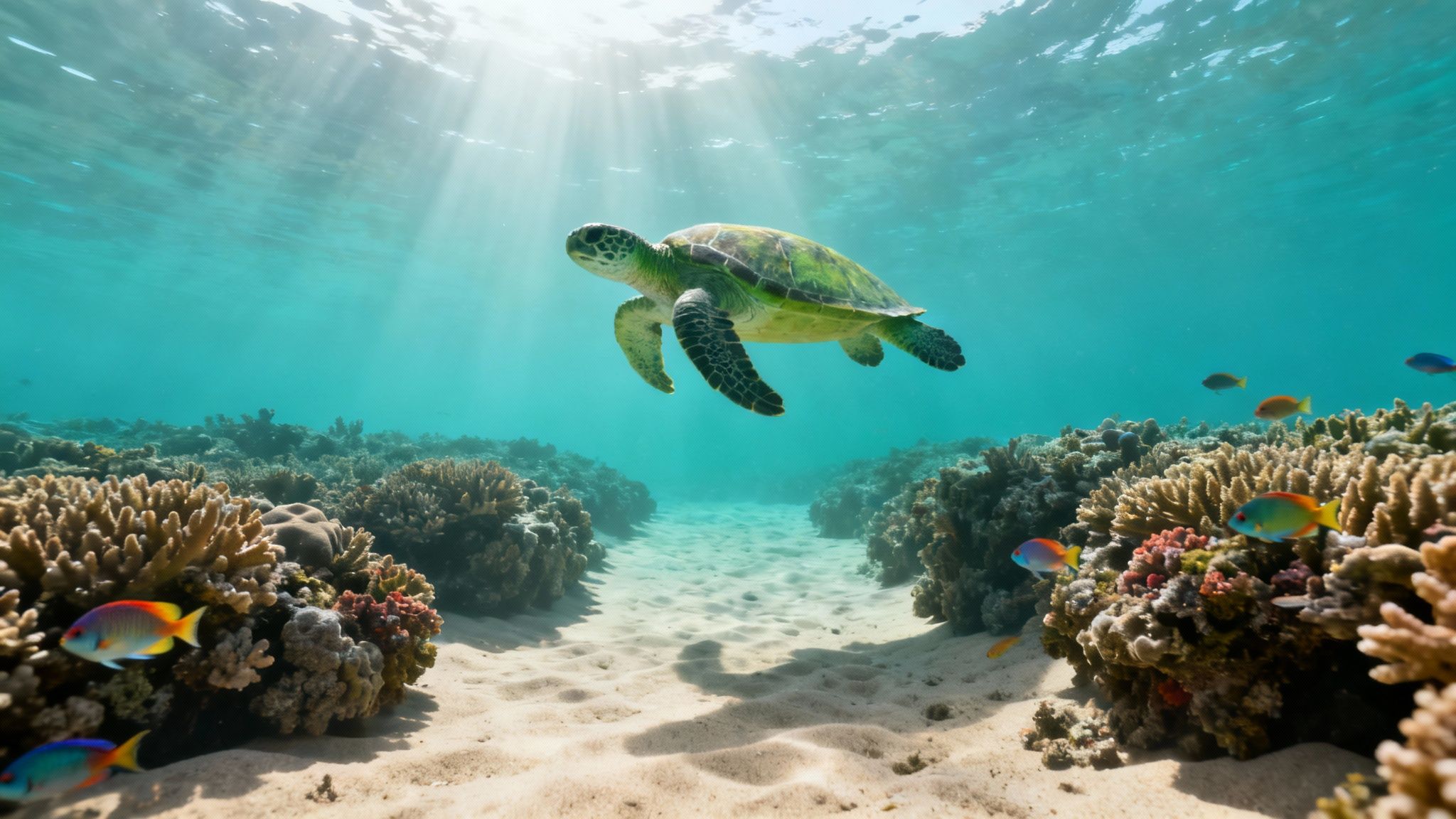 A green sea turtle gracefully swims above a vibrant coral reef in clear blue ocean water, illuminated by sun rays.