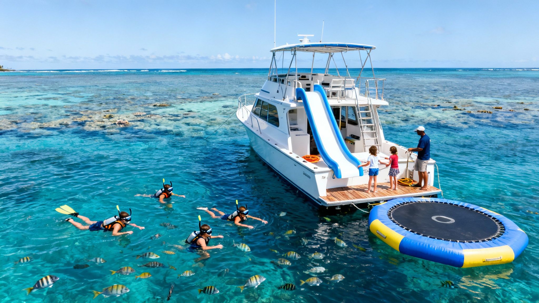Snorkelers enjoying clear blue water with tropical fish next to a boat with a slide and trampoline.