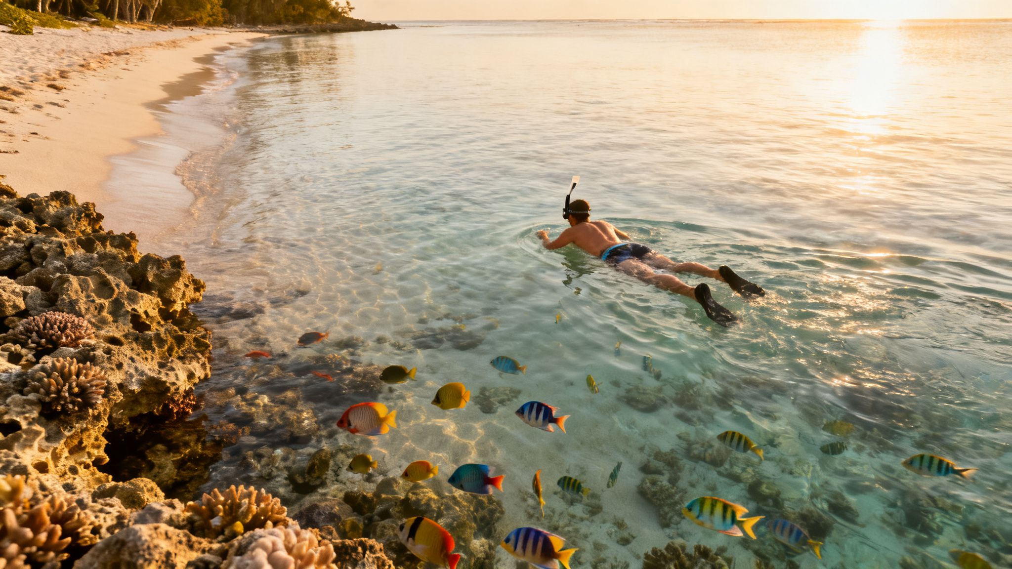 Snorkeler explores colorful coral reefs and tropical fish in clear ocean water at sunset.