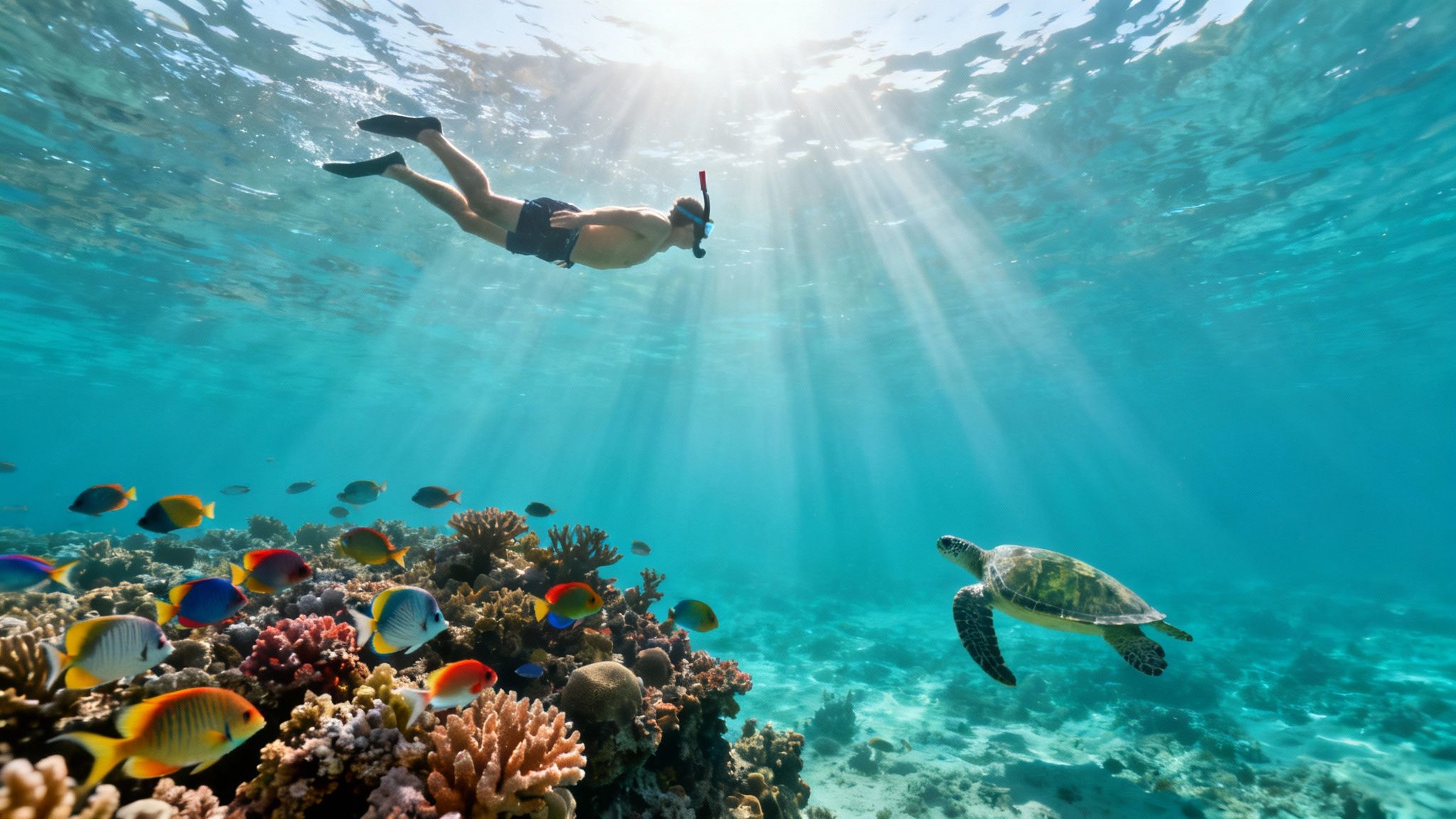A person snorkeling above a vibrant coral reef, colorful fish, and a sea turtle in clear blue water.