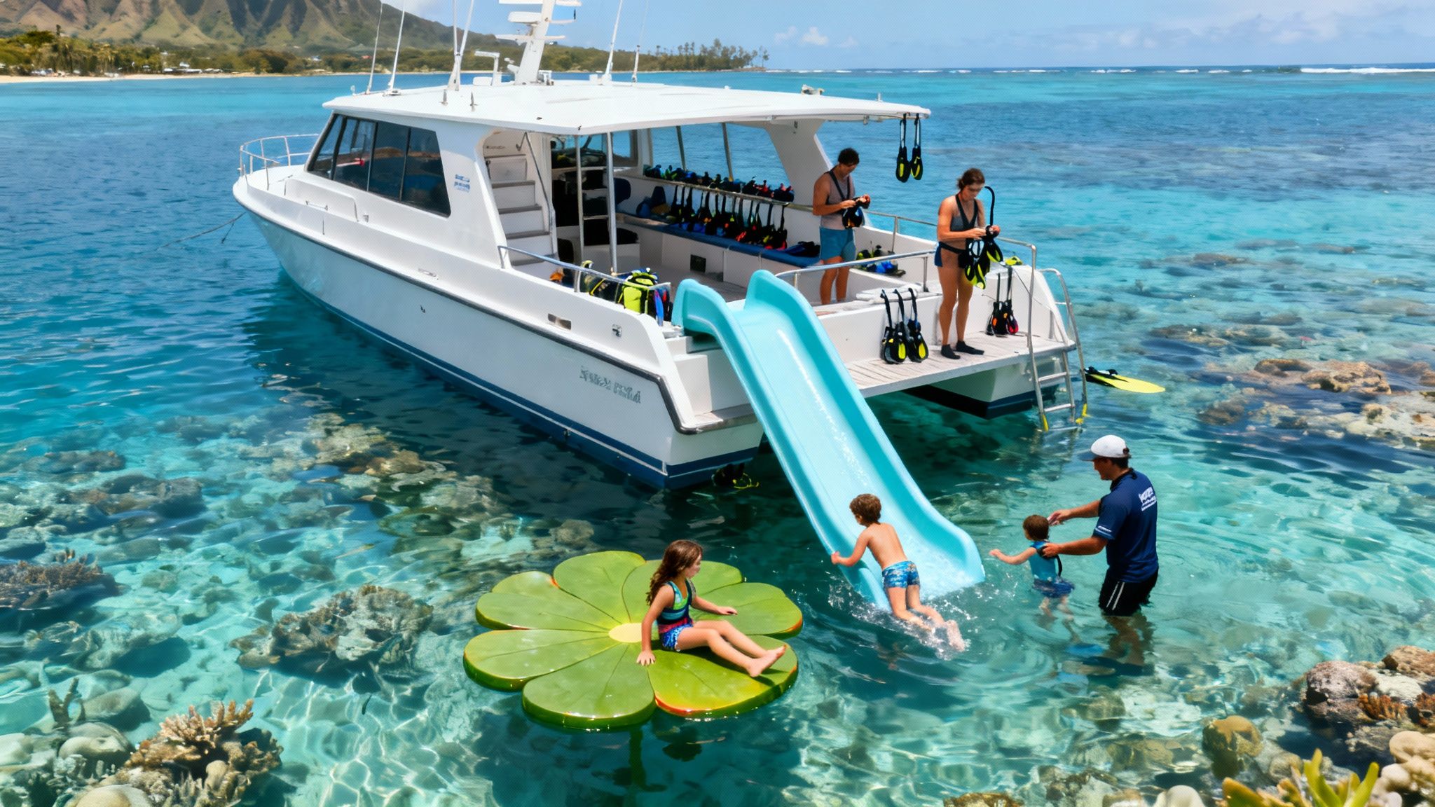 Family fun snorkeling trip from a catamaran boat with a water slide in clear blue ocean.