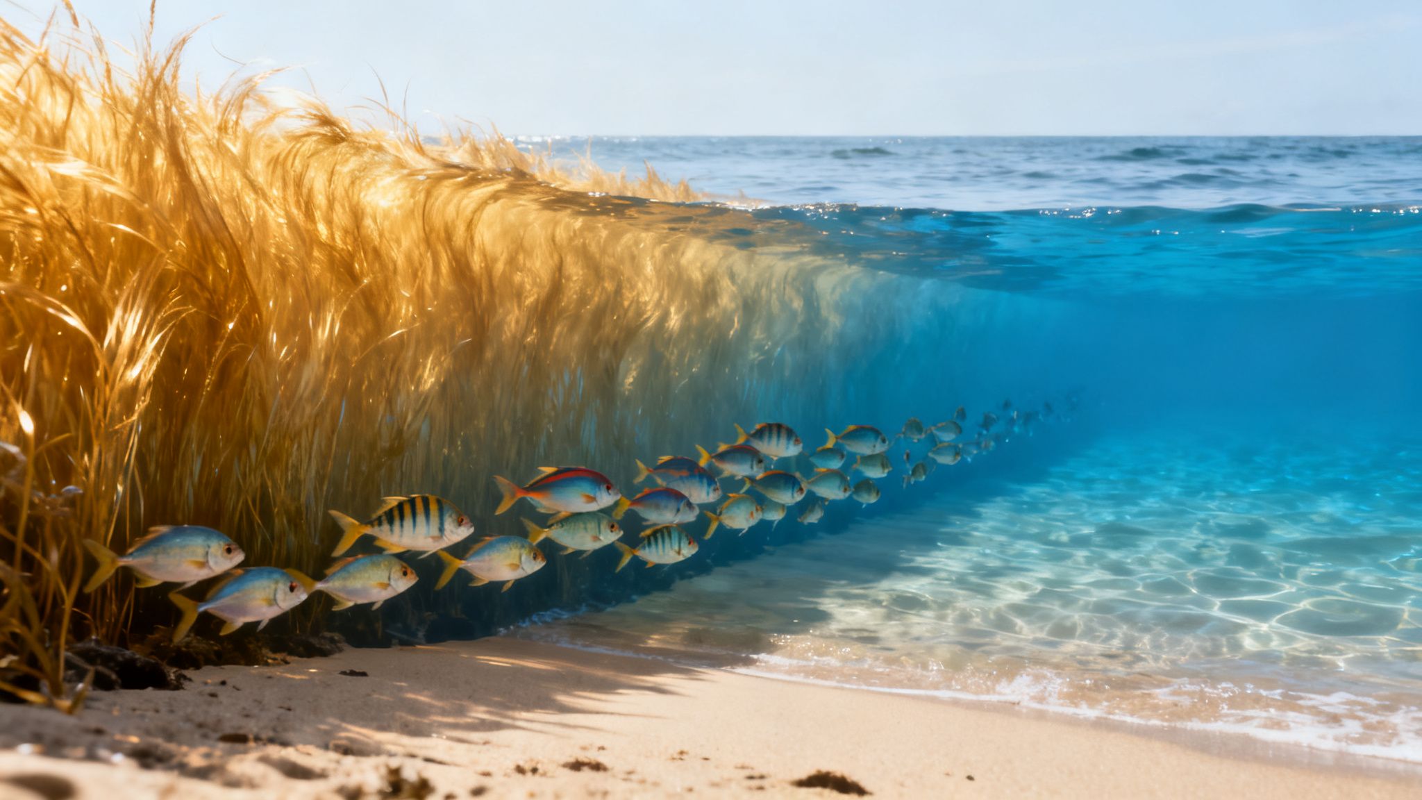 Stunning split image of golden sea grasses merging with clear ocean water and swimming fish.