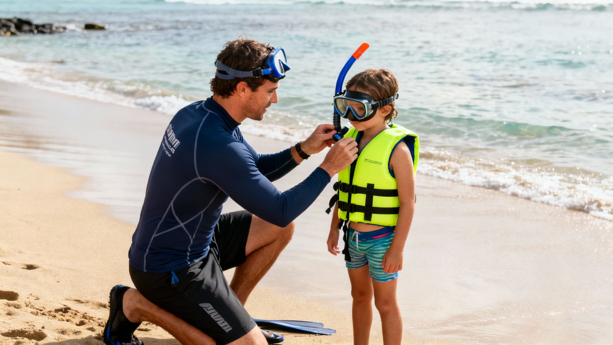 A man helps a child put on snorkeling gear and a life vest on a sandy beach.