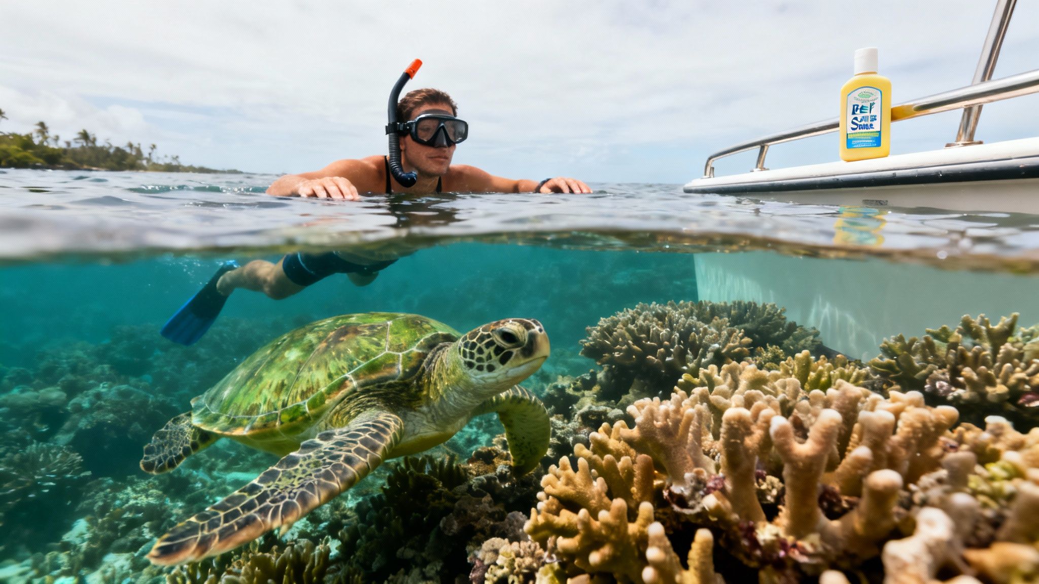A man snorkeling with a green sea turtle near vibrant coral reefs and a boat.